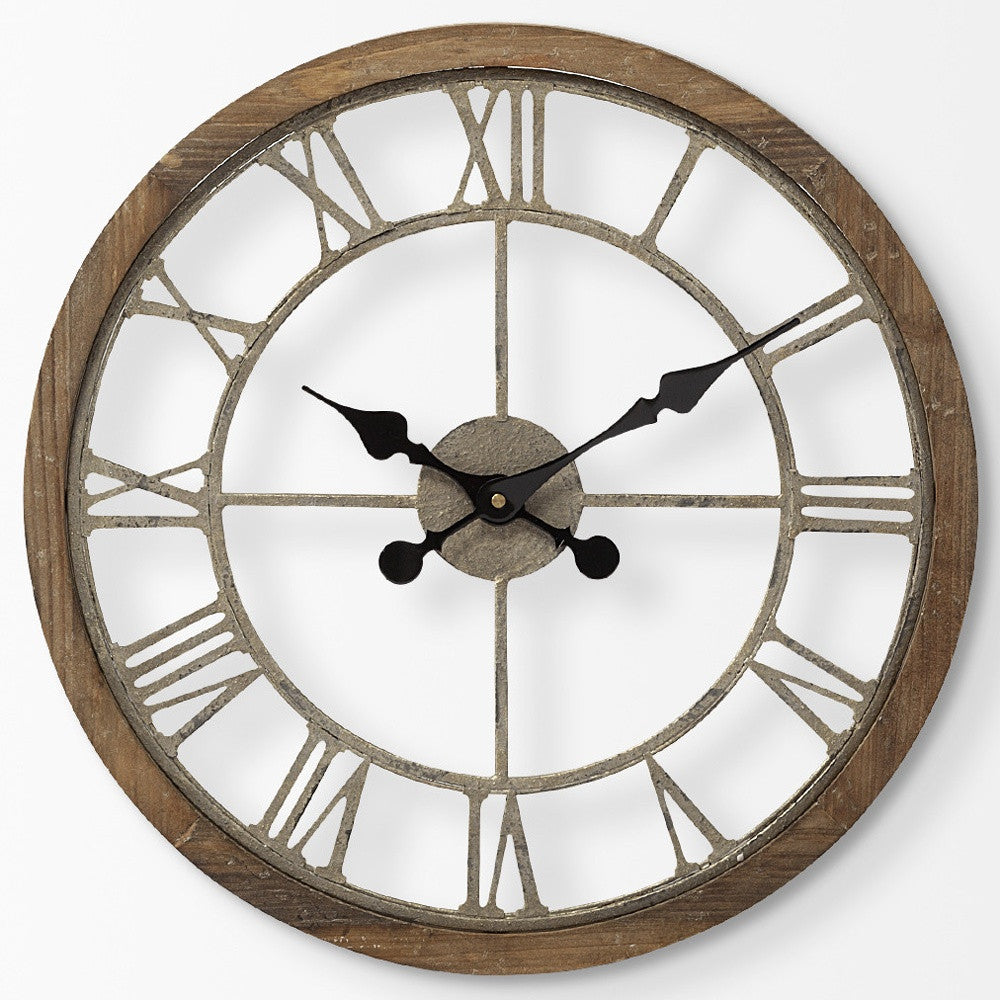 19" Whitewash Brown Round Modern Farm Wall Clock-Wall Clocks-DECOROLALA