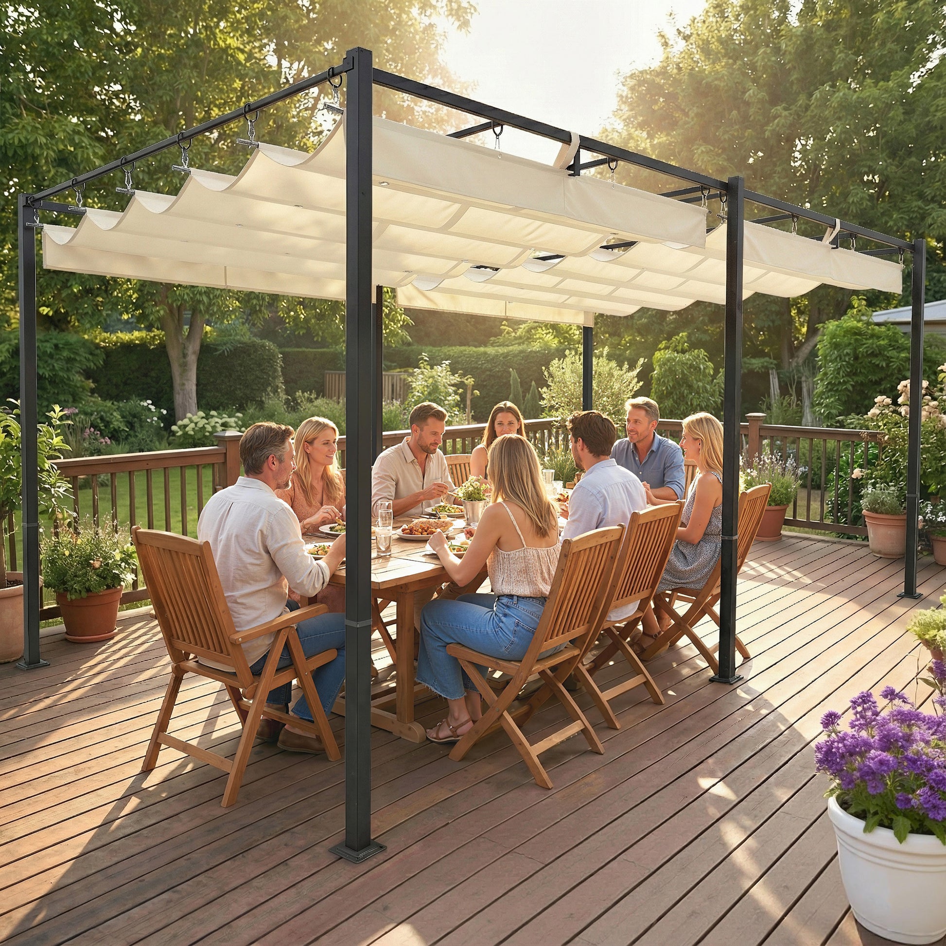 19' x 10' Pergola with Retractable UV50+ Canopy - Cream-DECOROLALA