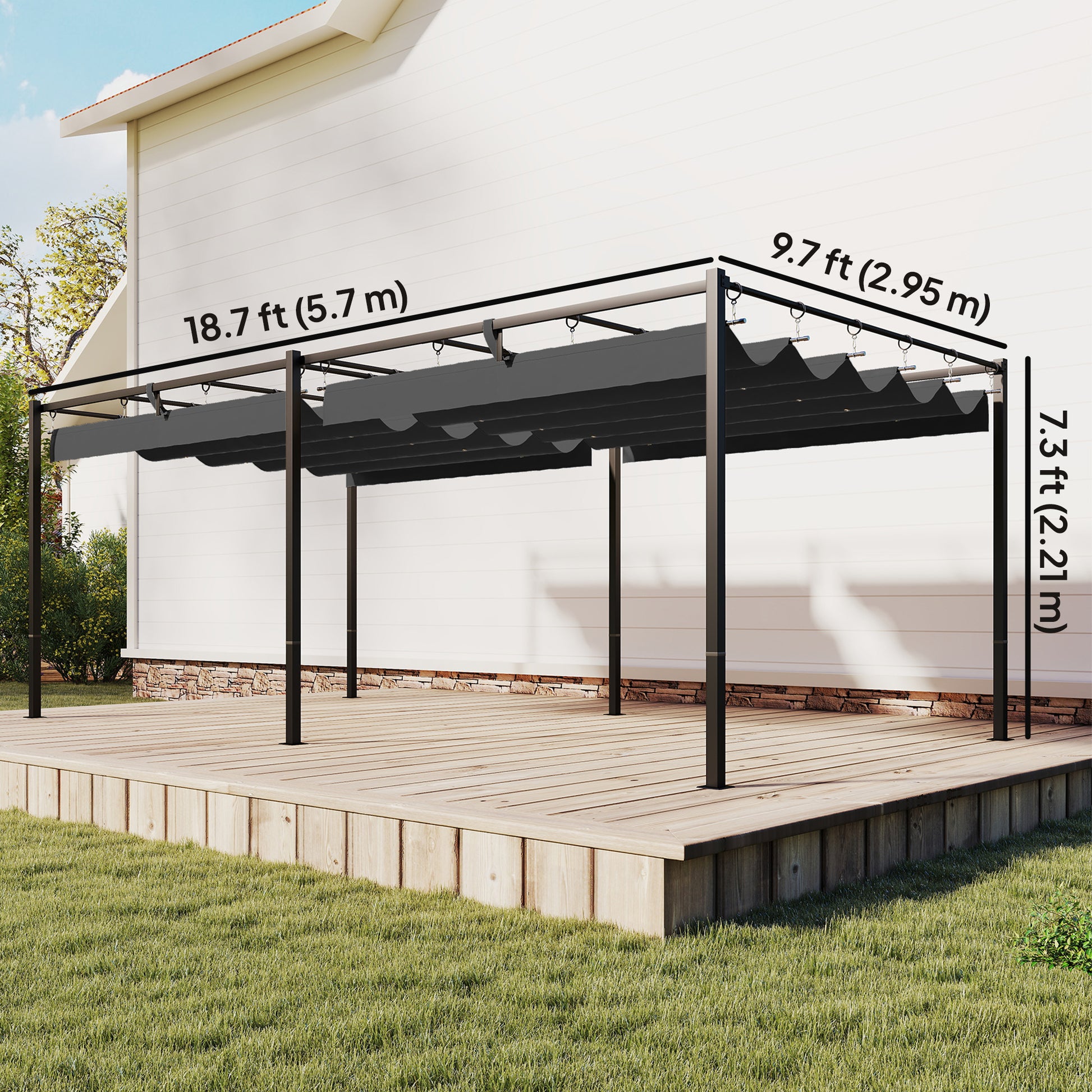 19' x 10' Pergola with Retractable UV50+ Canopy - Dark Grey-DECOROLALA