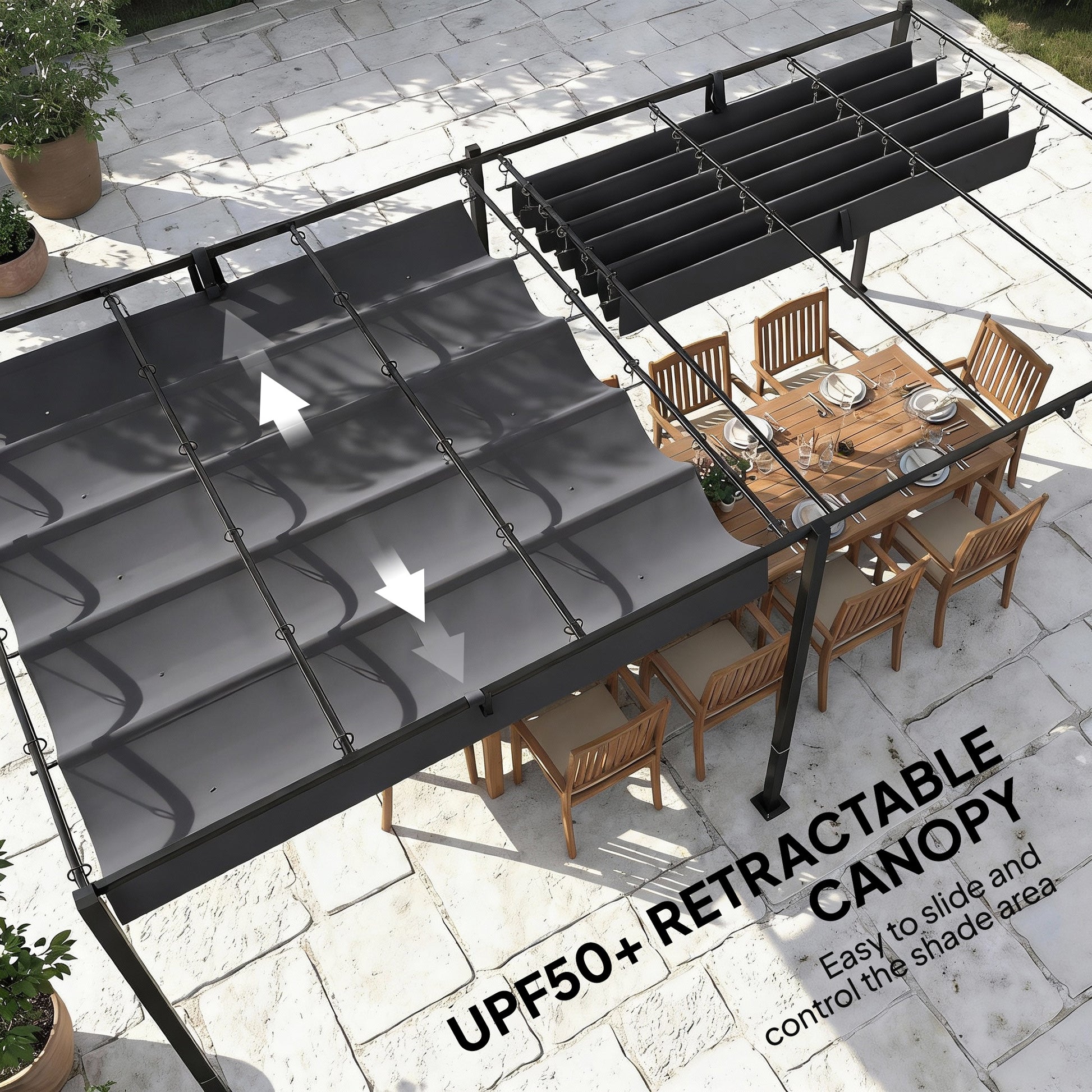 19' x 10' Pergola with Retractable UV50+ Canopy - Dark Grey-DECOROLALA
