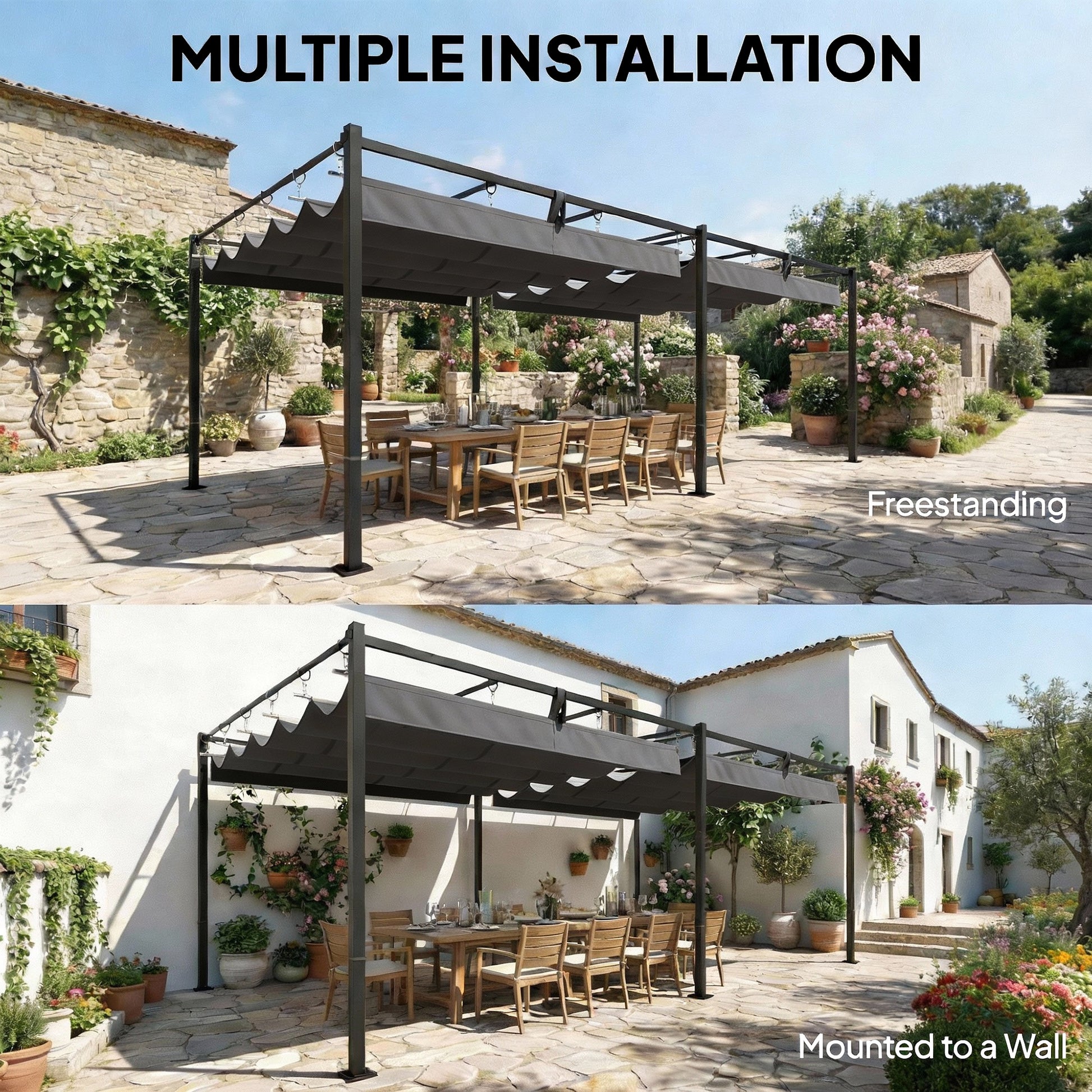 19' x 10' Pergola with Retractable UV50+ Canopy - Dark Grey-DECOROLALA