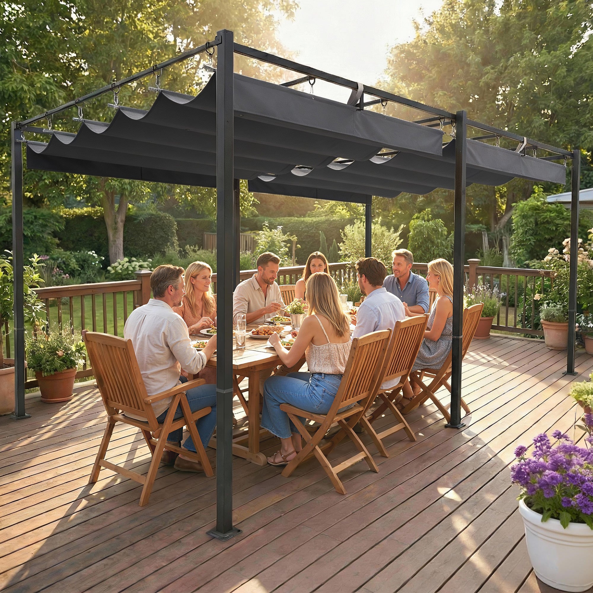 19' x 10' Pergola with Retractable UV50+ Canopy - Dark Grey-DECOROLALA
