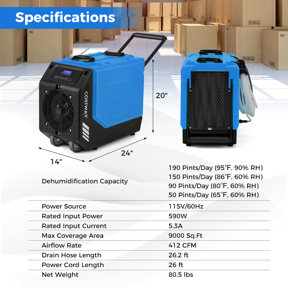 190 PPD Commercial Dehumidifier with Pump and 2 Wheels-Blue-Dehumidifiers-DECOROLALA