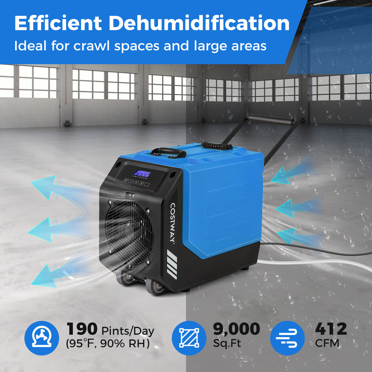 190 PPD Commercial Dehumidifier with Pump and 2 Wheels-Blue-Dehumidifiers-DECOROLALA