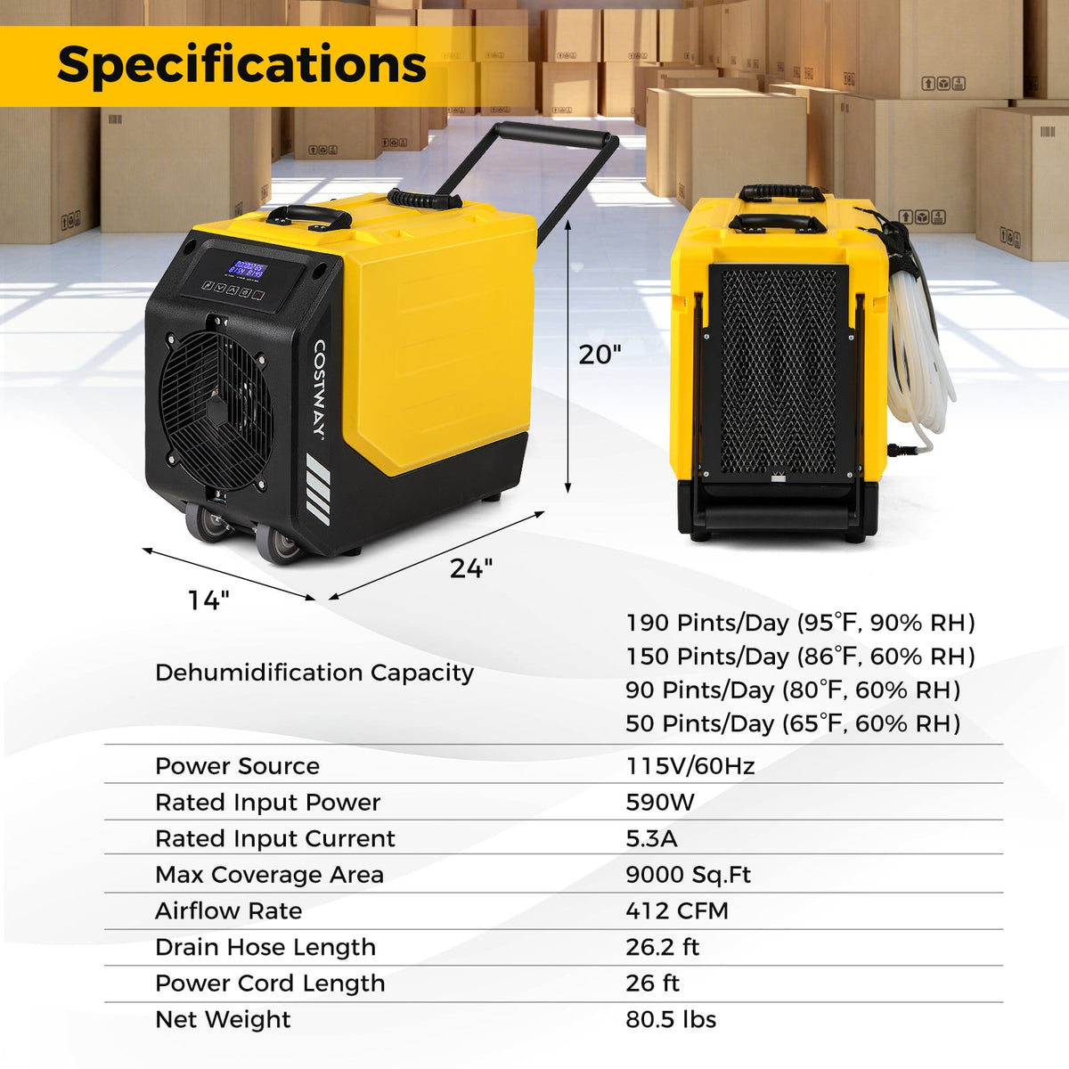 190 PPD Commercial Dehumidifier with Pump and 2 Wheels-Yellow-Dehumidifiers-DECOROLALA
