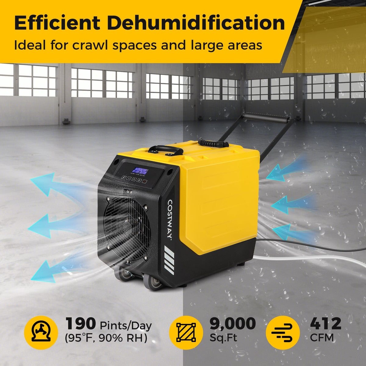 190 PPD Commercial Dehumidifier with Pump and 2 Wheels-Yellow-Dehumidifiers-DECOROLALA