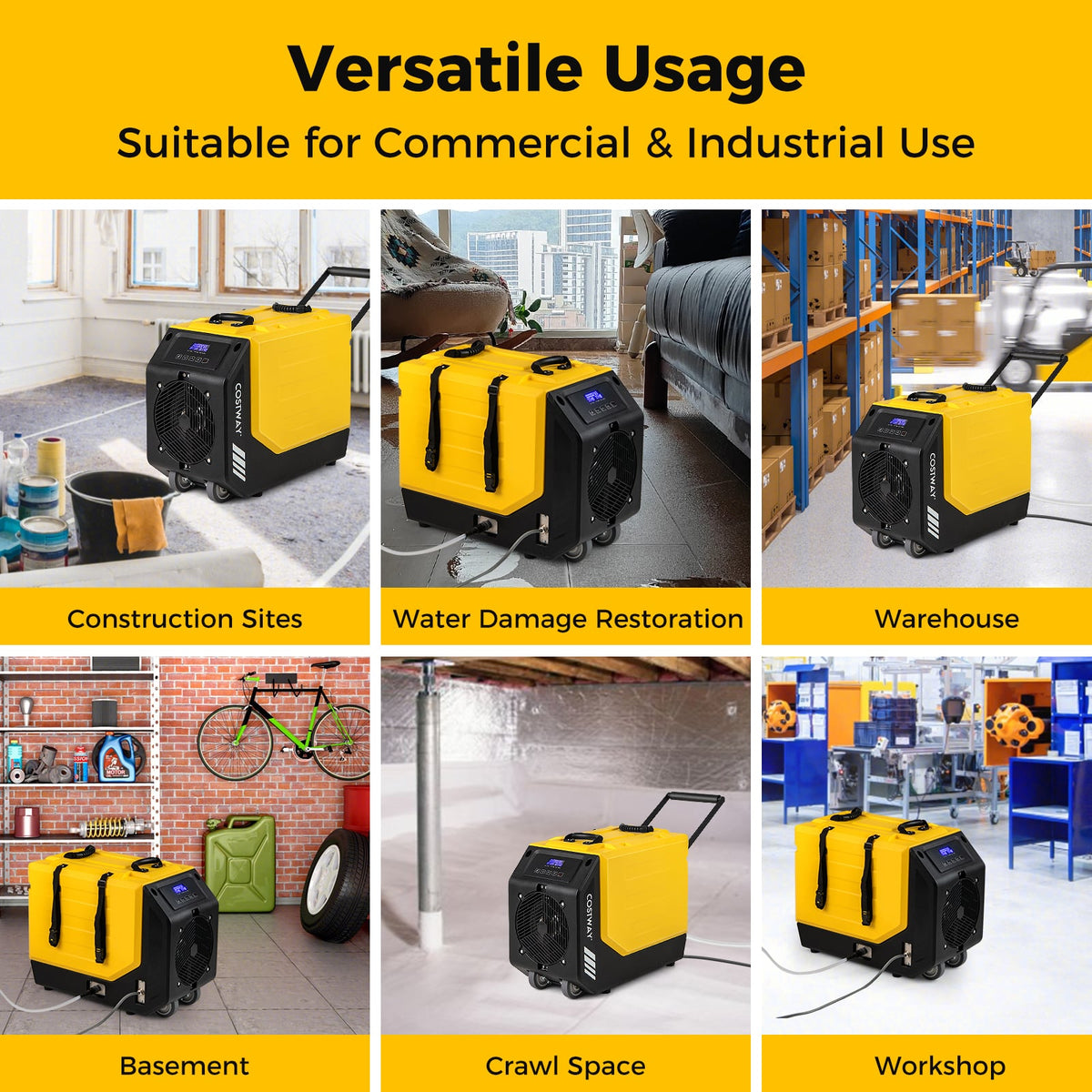190 PPD Commercial Dehumidifier with Pump and 2 Wheels-Yellow-Dehumidifiers-DECOROLALA