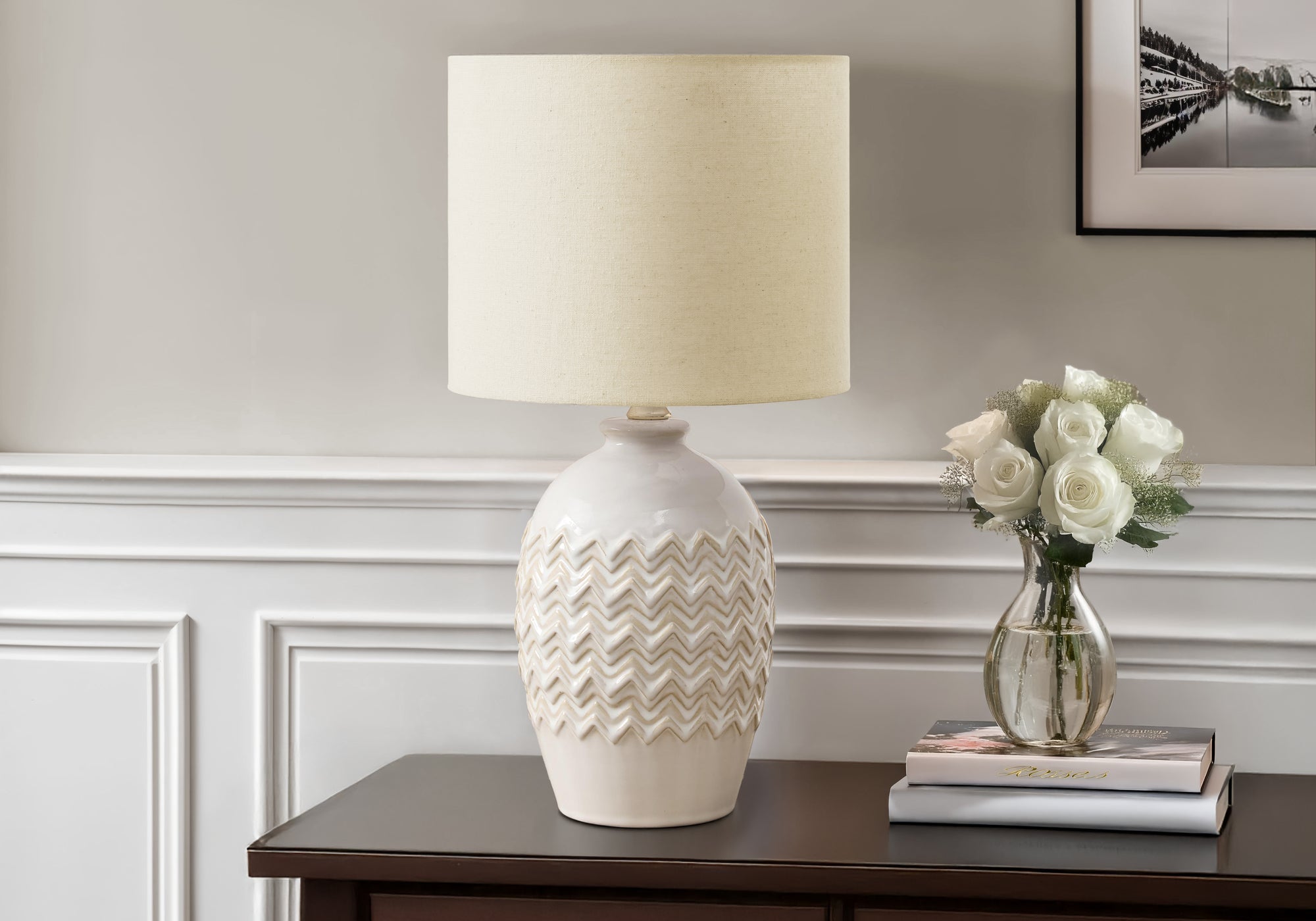 19"H Ivory Ceramic Table Lamp with Beige Shade-Lighting-DECOROLALA