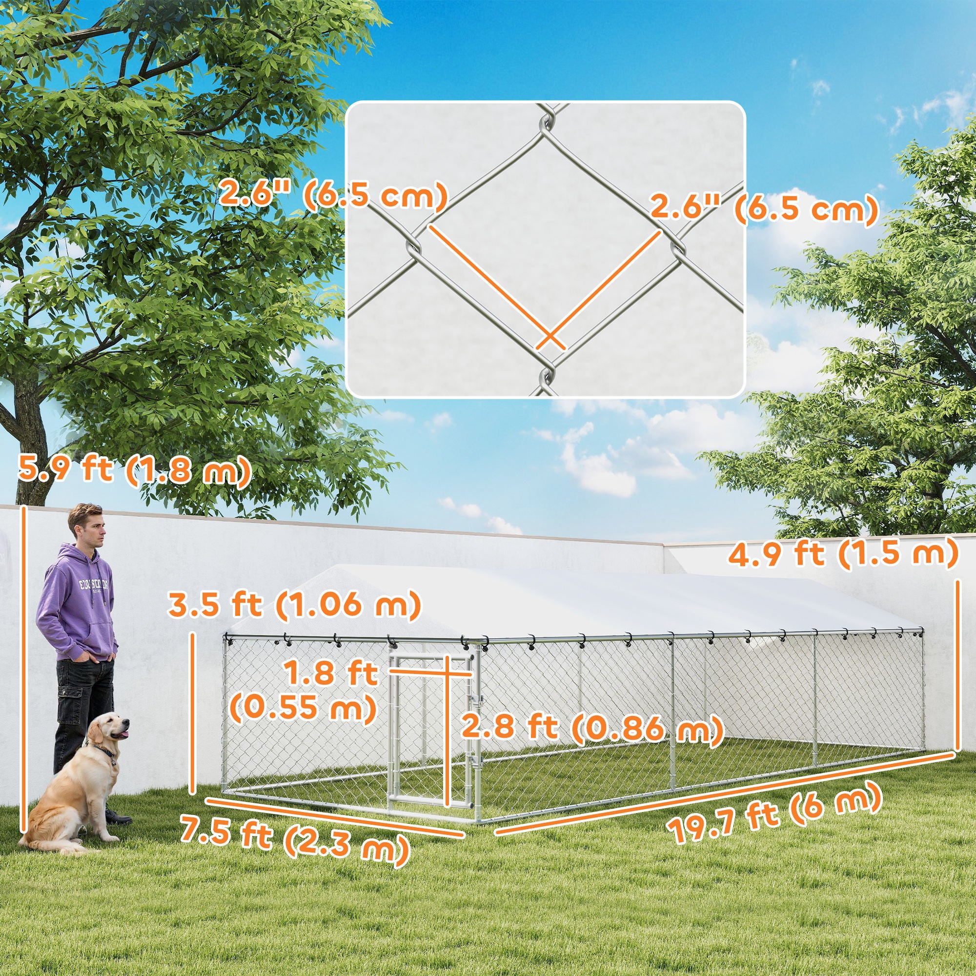 19.7' x 7.5' x 4.9' Outdoor Dog Kennel Heavy Duty Galvanized Steel Chain Link with UV-resistant Roof, Silver-Dogs-DECOROLALA