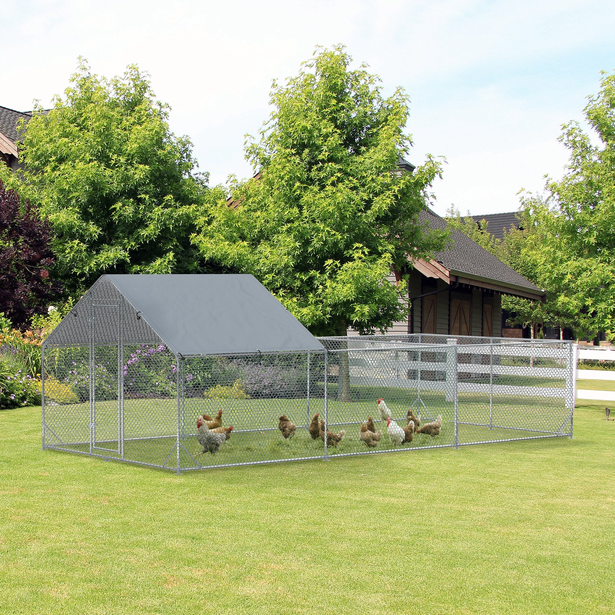 19.7' x 9.8' Galvanized Metal Chicken Run with Waterproof Cover-Small Animals-DECOROLALA