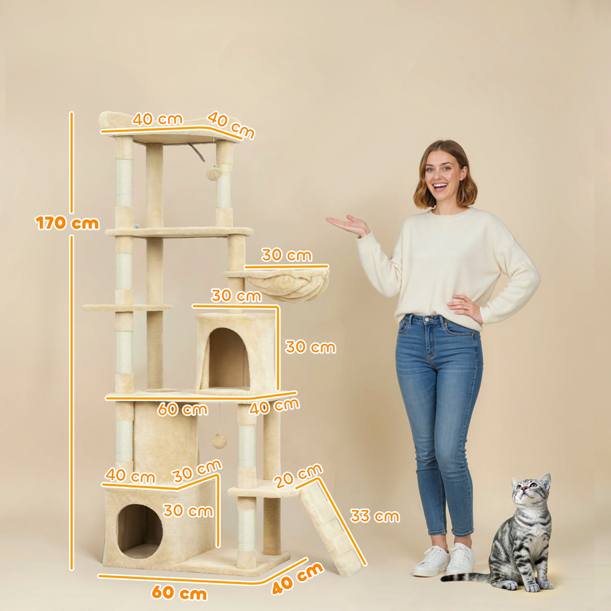 67" Large Cat Tree with 7 Scratching Posts, Tunnel, 2 Condos, Hammock, Perch, Ramp, Pompoms, Beige