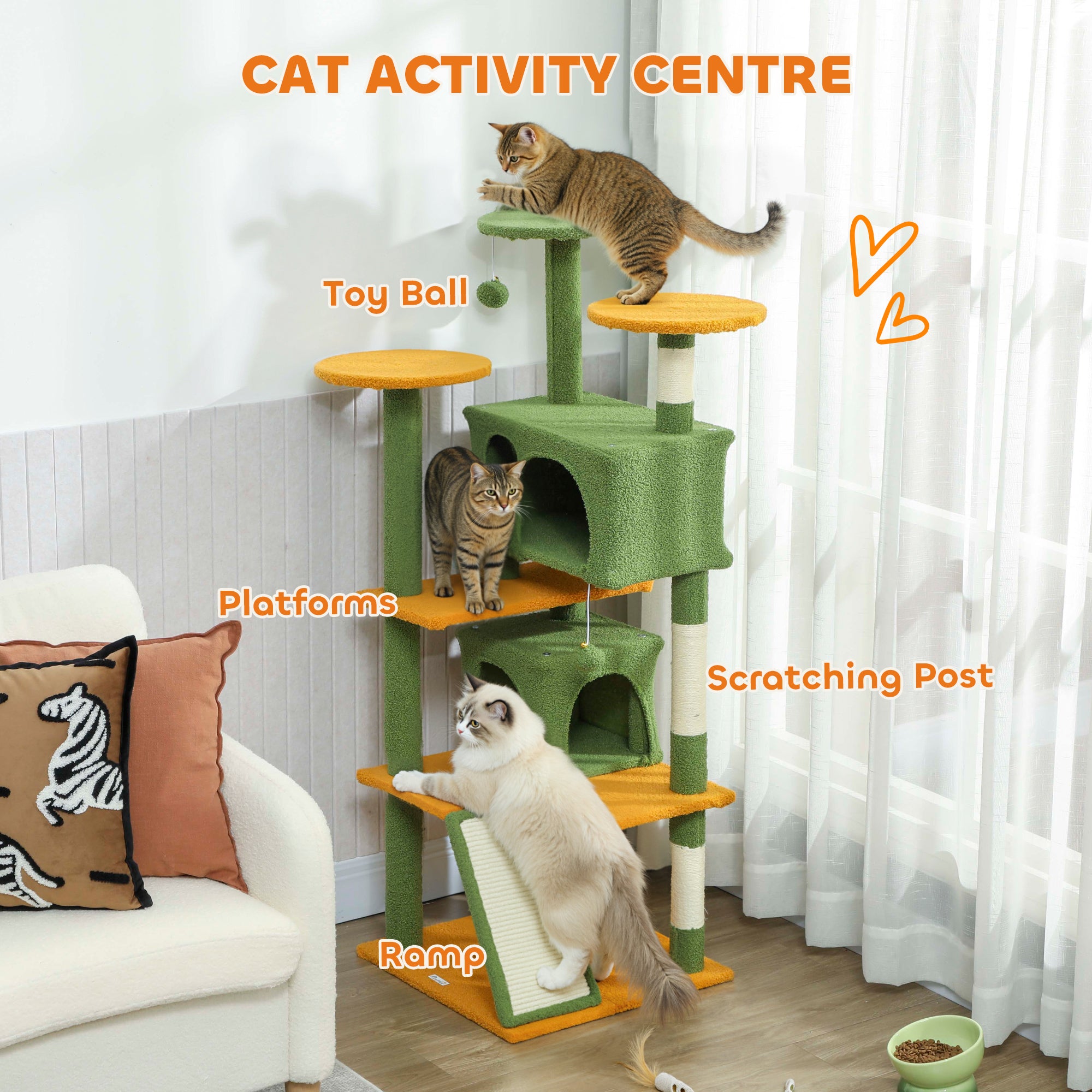 54" Cat Tree, Multi-Level Cat Tower with Scratching Posts, Cat Condos, Bed, Platforms, Ramp, Toy Ball, Green