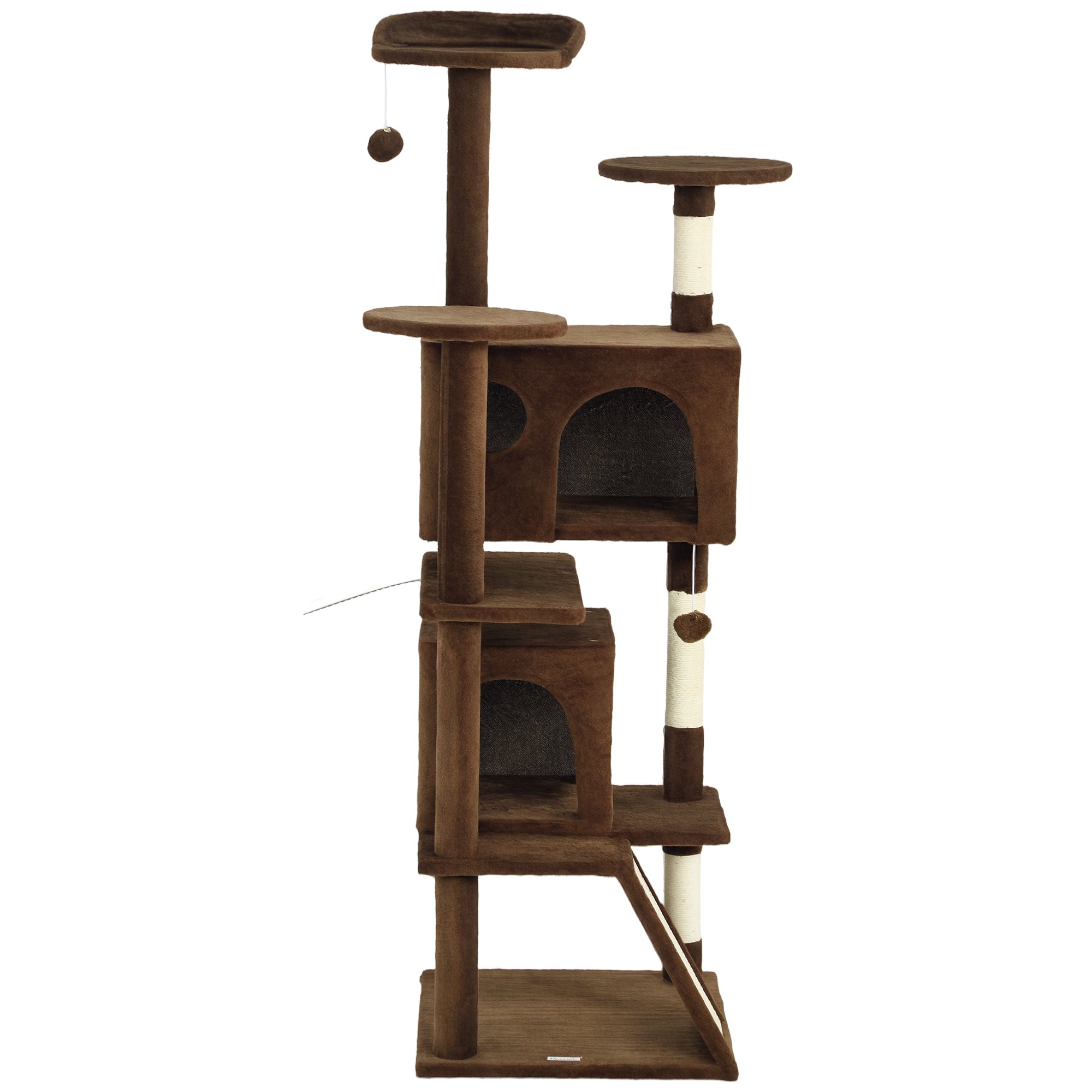 63" Cat Tree, Multi-Level Cat Tower with Scratching Posts, Cat Condos, Bed, Platforms, Ramp, Toy Ball, Light Brown
