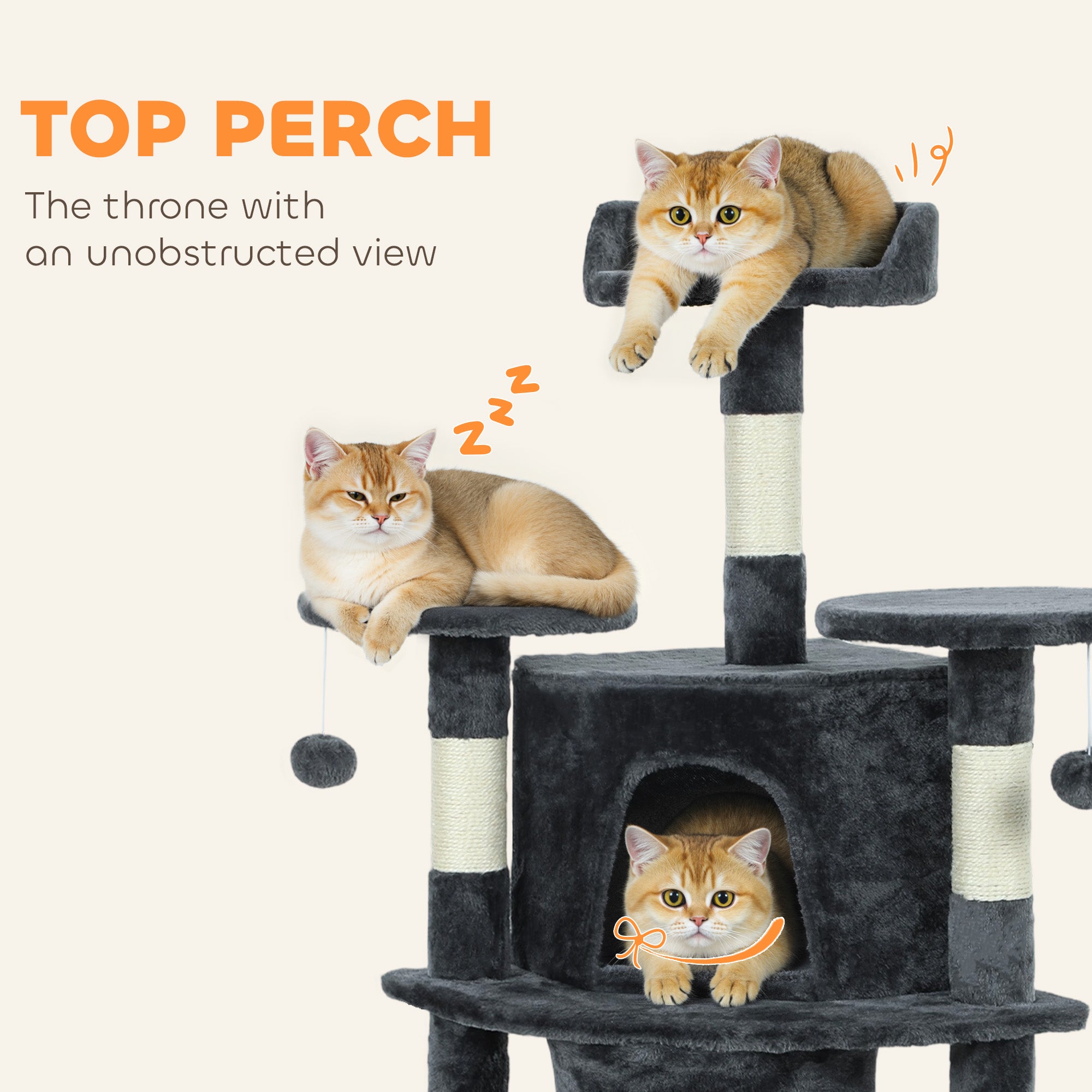 62" Cat Tree with Scratching Post, 2 Condos, Hammock, Perches, Plush, Pompoms, for Indoor Cats, Dark Grey