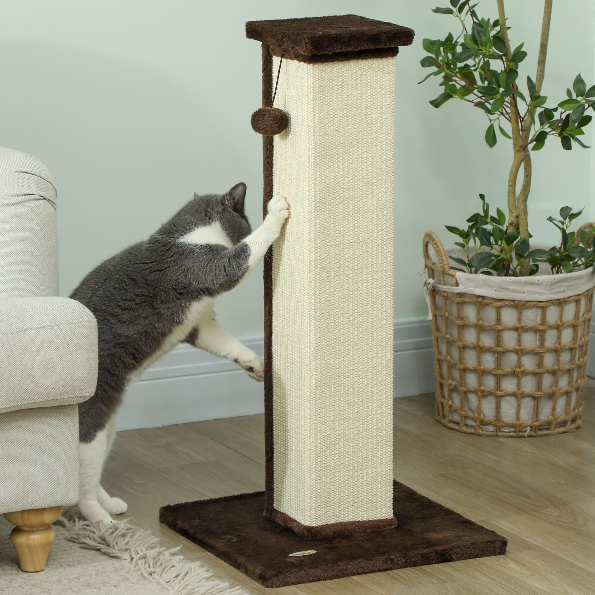 32" Tall Cat Scratching Post for Indoor Cats and Kittens, Sisal Cat Scratcher with Hanging Ball Soft Plush, Brown