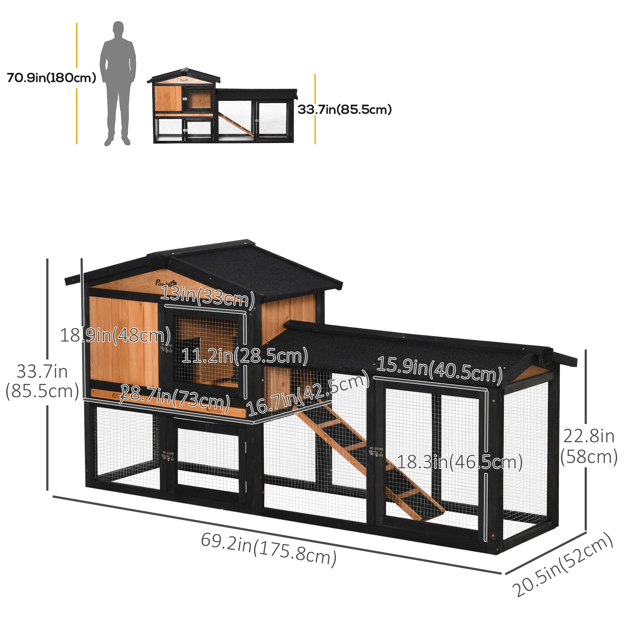 69" Wooden Rabbit Hutch Pet Playpen Bunny House Enclosure with Run Box, Slide-out Tray, Ramp, for Rabbits and Small Animals, Black