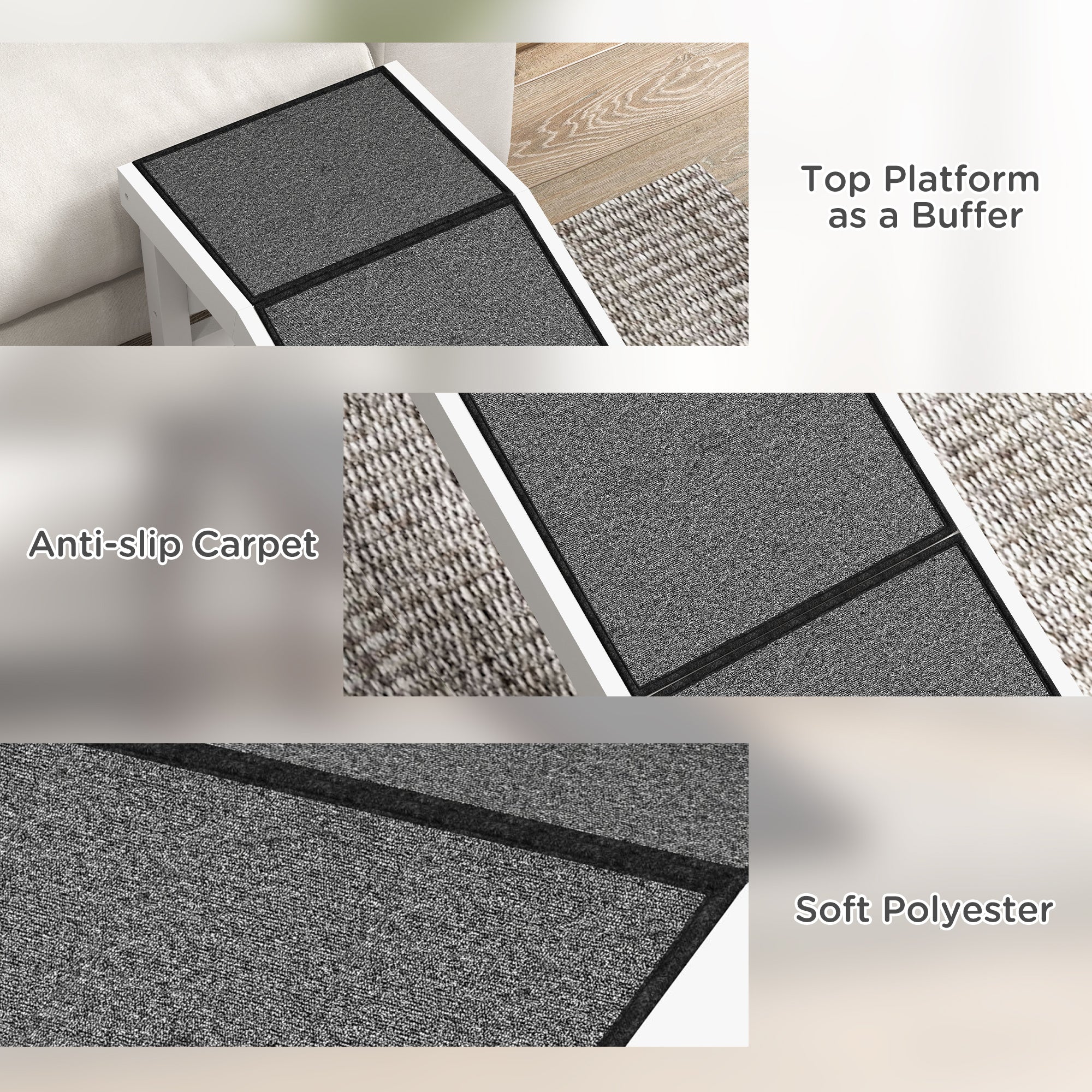 Rampe-lit avec marches pour chiens et chats, plateforme supérieure en moquette antidérapante, bois de pin, 59"L x 16"W x 20"H, blanc