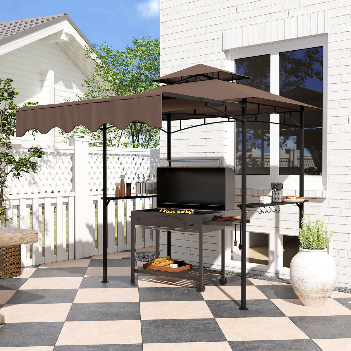 8' x 7.6' Grill Gazebo with Awning and Shelves - Brown