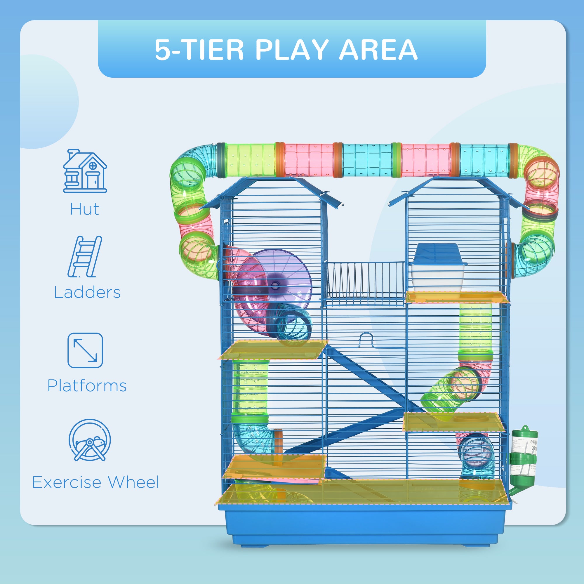 18.5" Hamster Cage, 5 Tiers Small Animal House with Tunnel Tube System, Exercise Wheel, Water Bottle, Blue