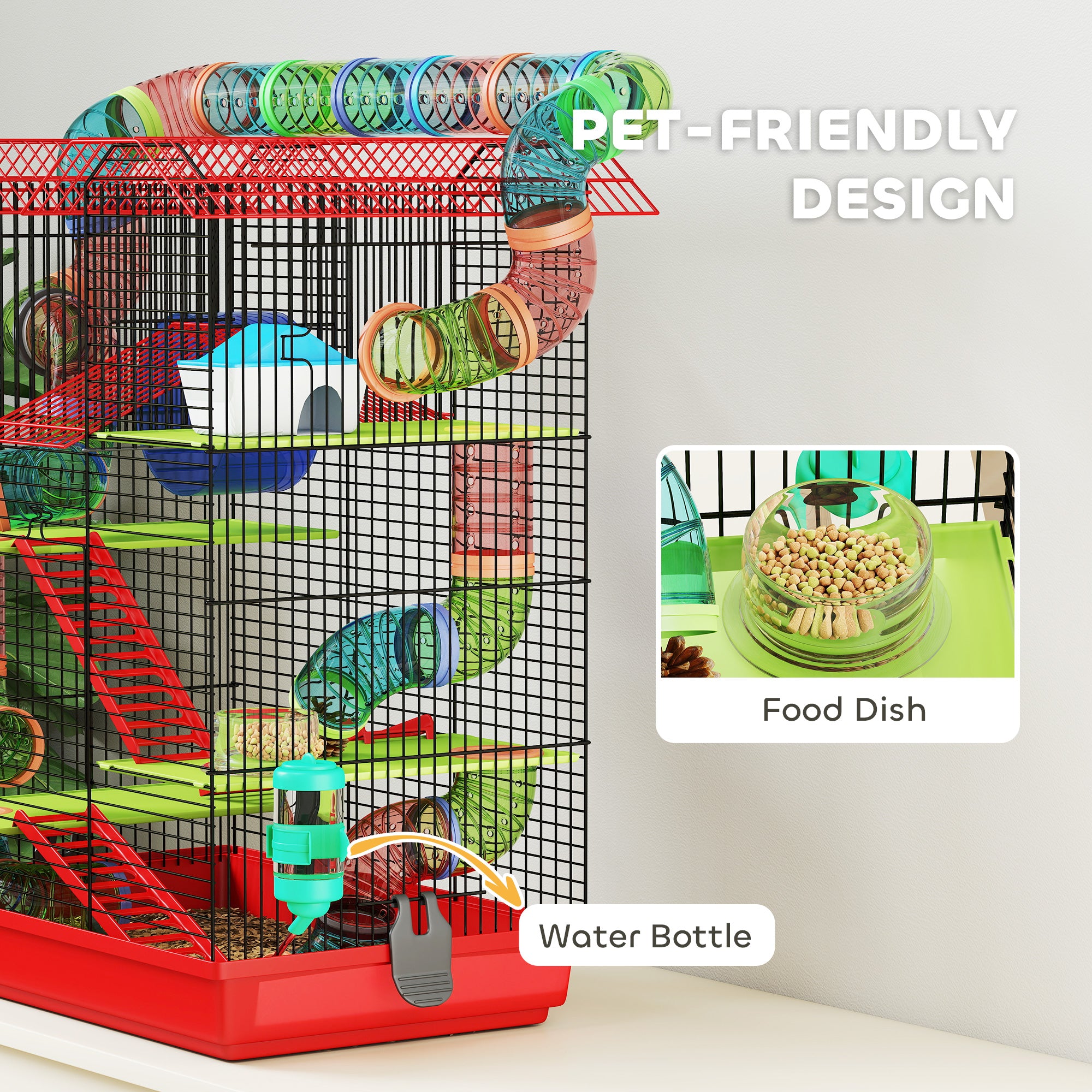 18.5" Hamster Cage, 5 Tiers Small Animal House with Tunnel Tube System, Exercise Wheel, Water Bottle, Red