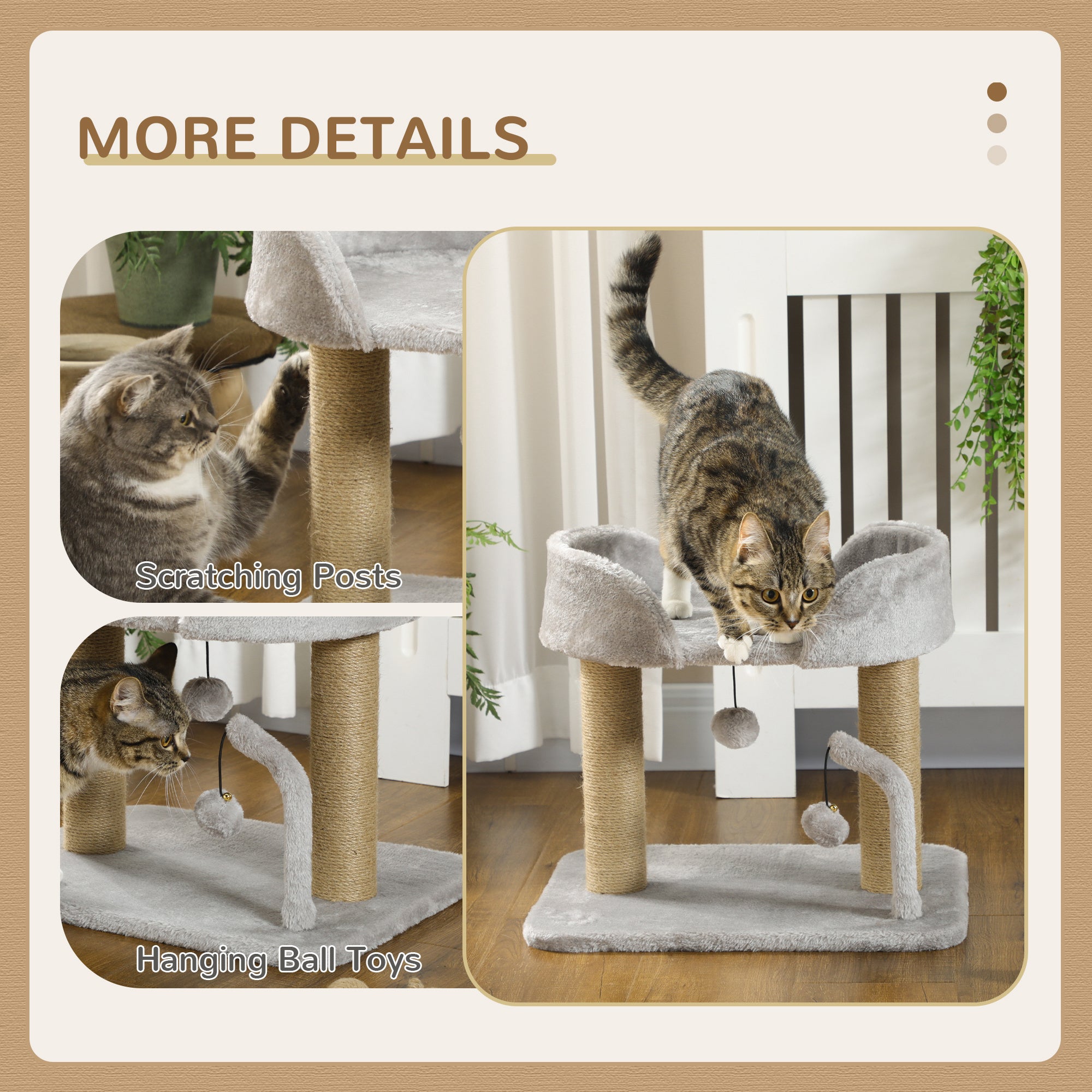 Cat Tower Condo for Indoor Cats, Small Cat Tree with Jute Scratching Posts, Top Perch, Dangling Balls, Light Grey