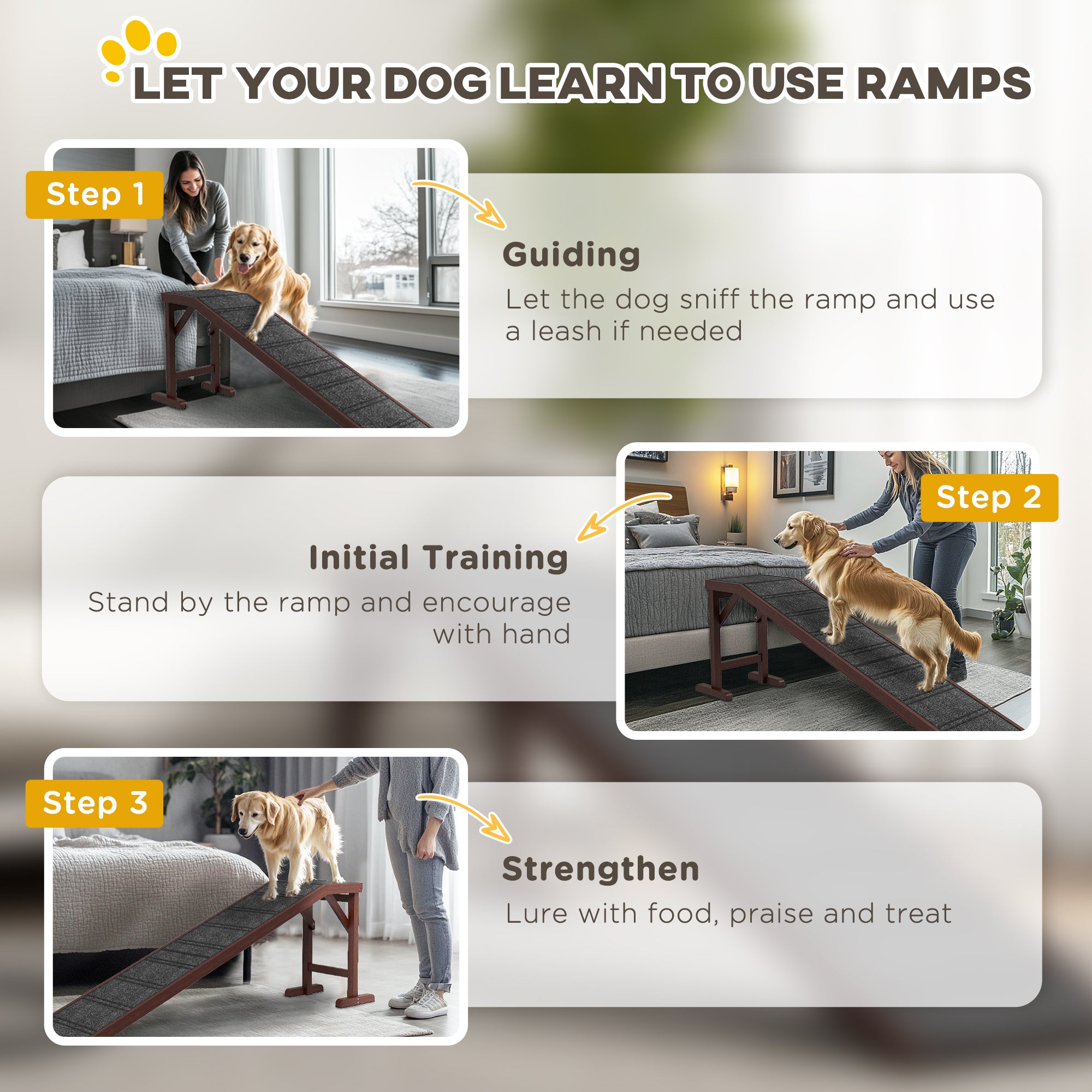 Pet Ramp Bed Steps for Dogs Cats Non-slip Carpet Top Platform Pine Wood 74"L x 16"W x 25"H Brown