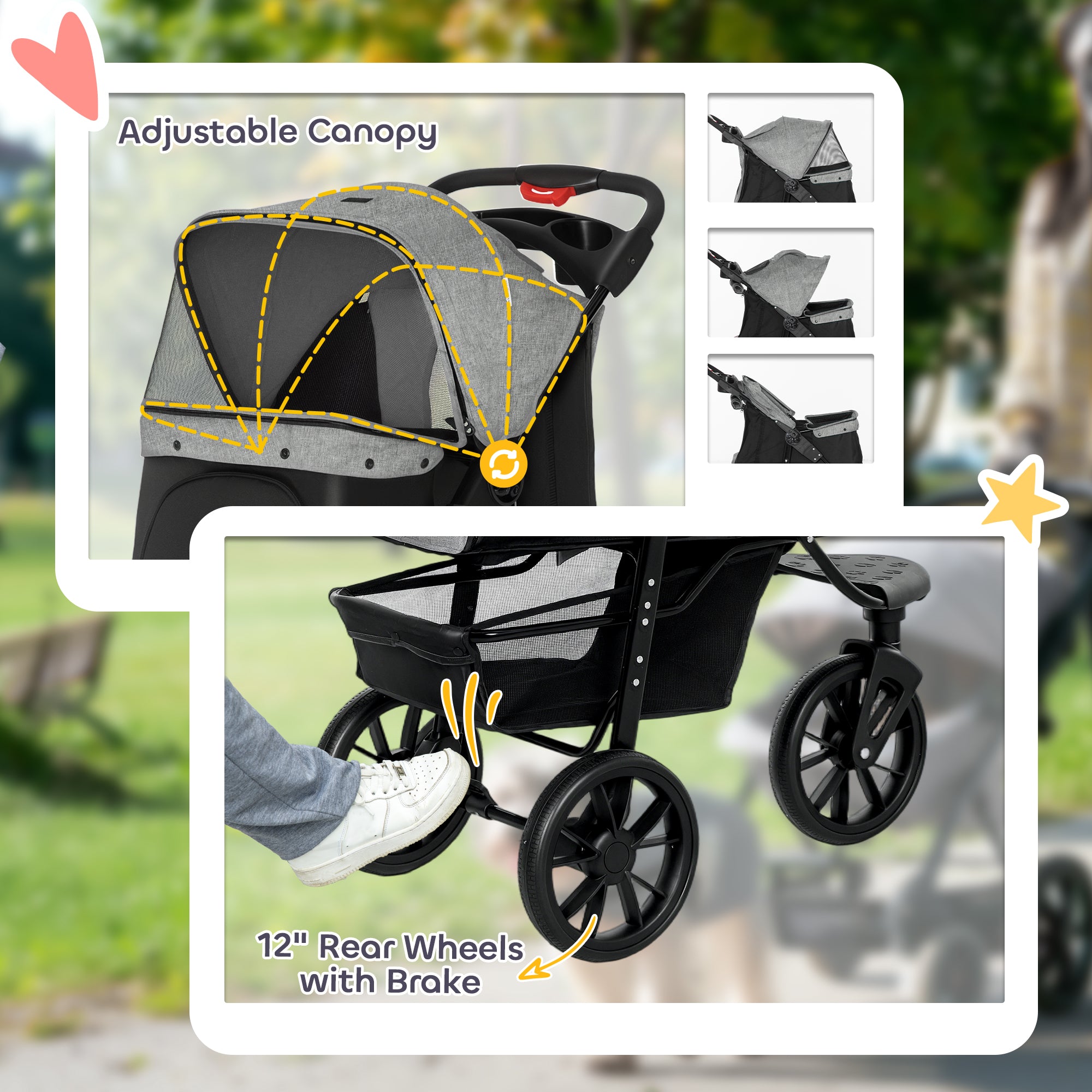 3 Wheel Folding Dog Stroller, Travel Carrier with Adjustable Canopy, Storage Brake, Mesh Window for S&M Dogs Grey