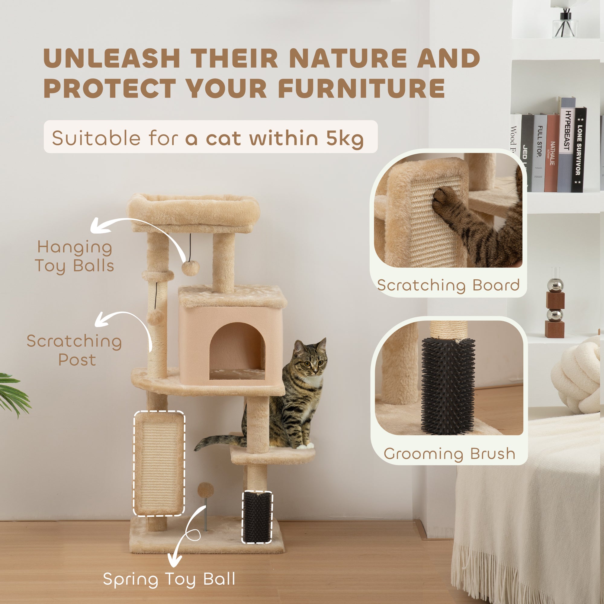 41 Inch Cat Tree with Scratching Posts, Cat Bed, Condo, Grooming Brush, Jumping Platforms, Toy Balls, Anti-tip Kit