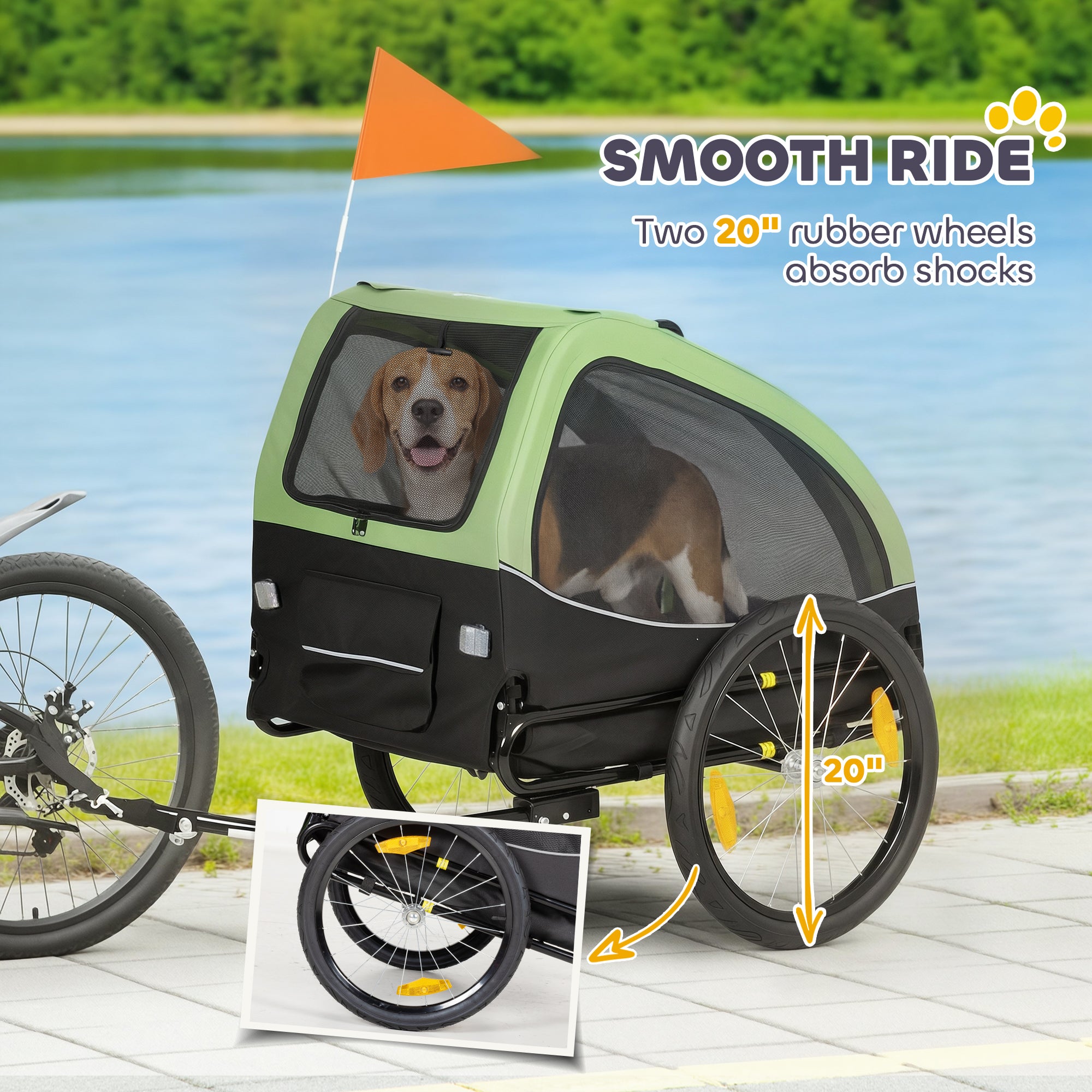 Dog Bike Trailer, Pet Cart Bicycle Wagon with 20" Wheels and Ventilated Windows, Portable Dog Trailer