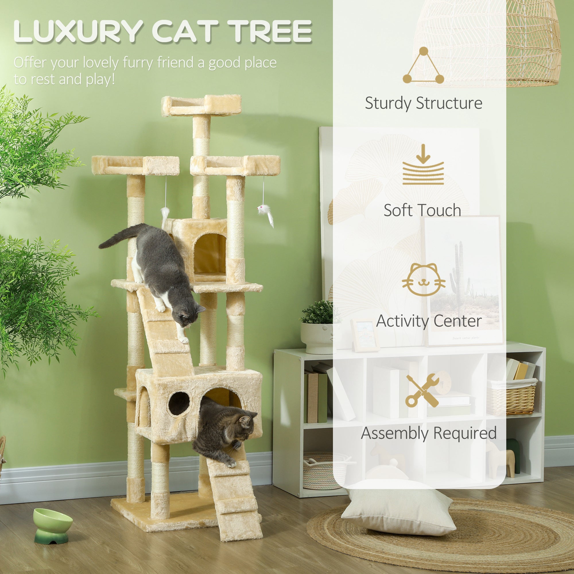 68-inch Multi-Level Cat Scratching Tree Kitty Activity Center Post Tower Condo Pet Furniture w/ Toy Beige