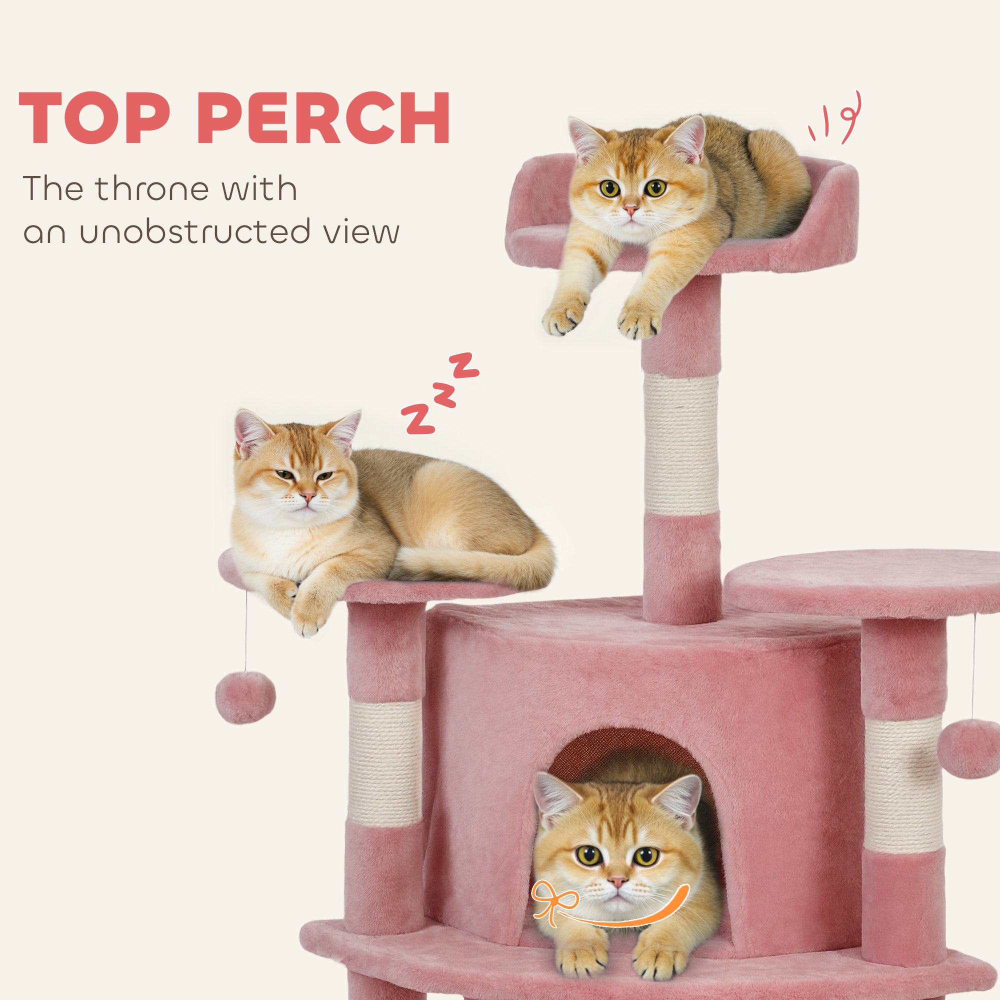 62" Cat Tree with Scratching Post, 2 Condos, Hammock, Perches, Plush, Pompoms, for Indoor Cats, Pink