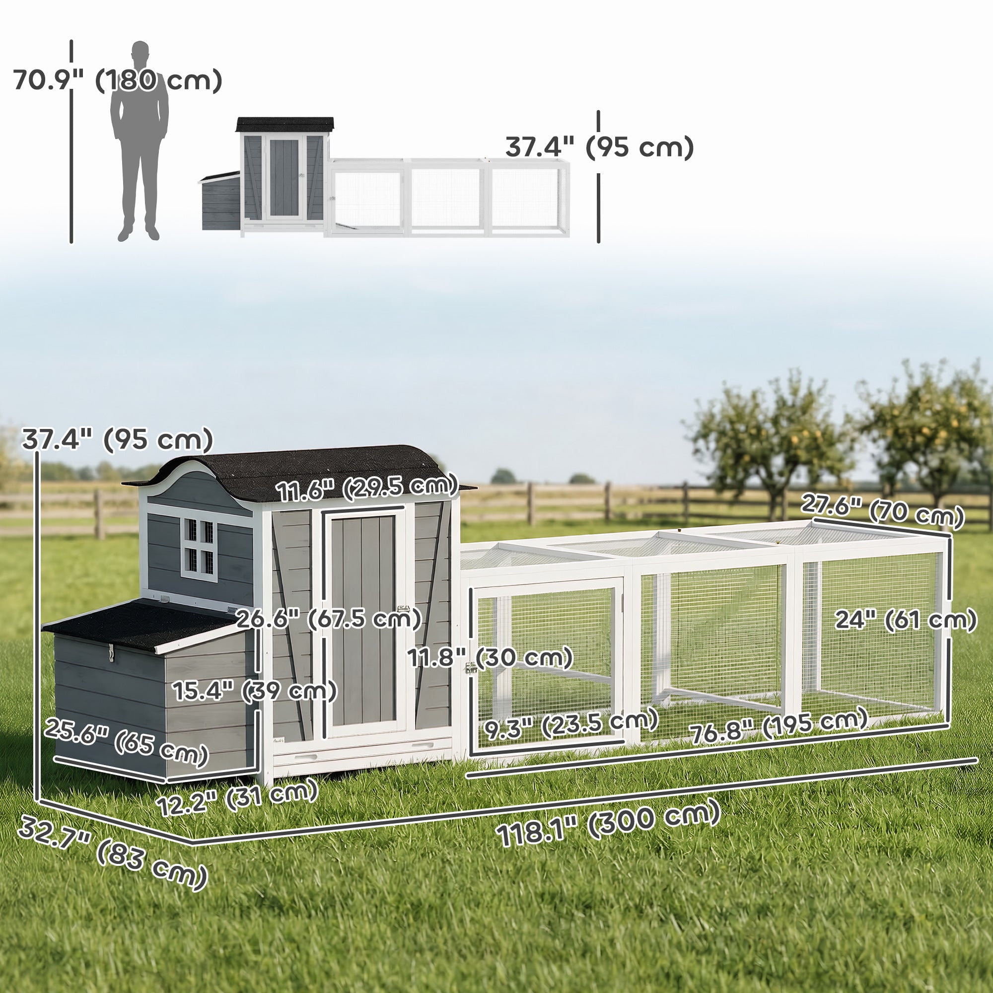 118"L Chicken Coop, Large Wooden Hen House with Run, Pull-Out Tray, Waterproof Roof, Nesting Box, Swing, Roosting Bars