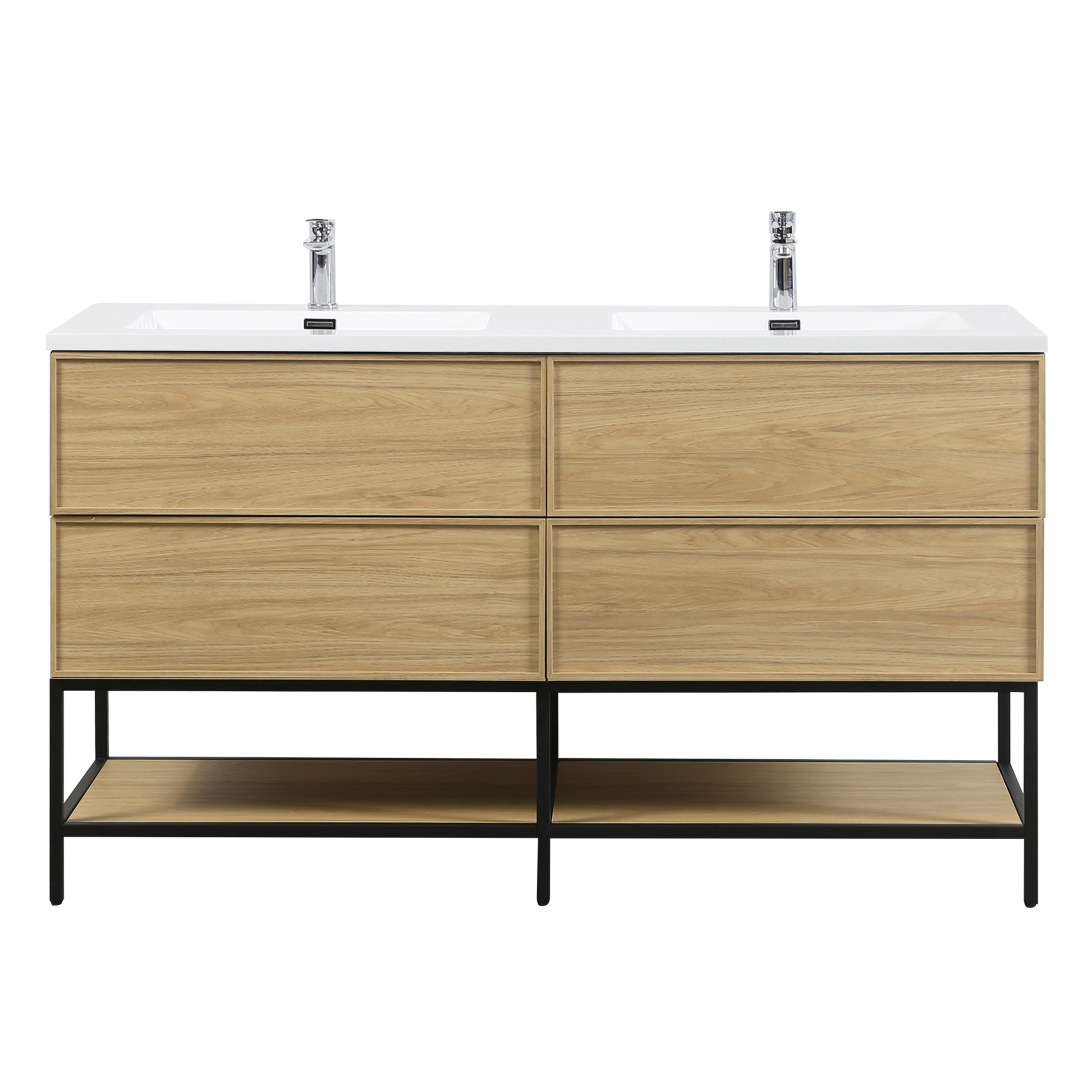 60" Sunset Walnut Wall Mount Double Sink Bathroom Vanity with White Polymarble Countertop
