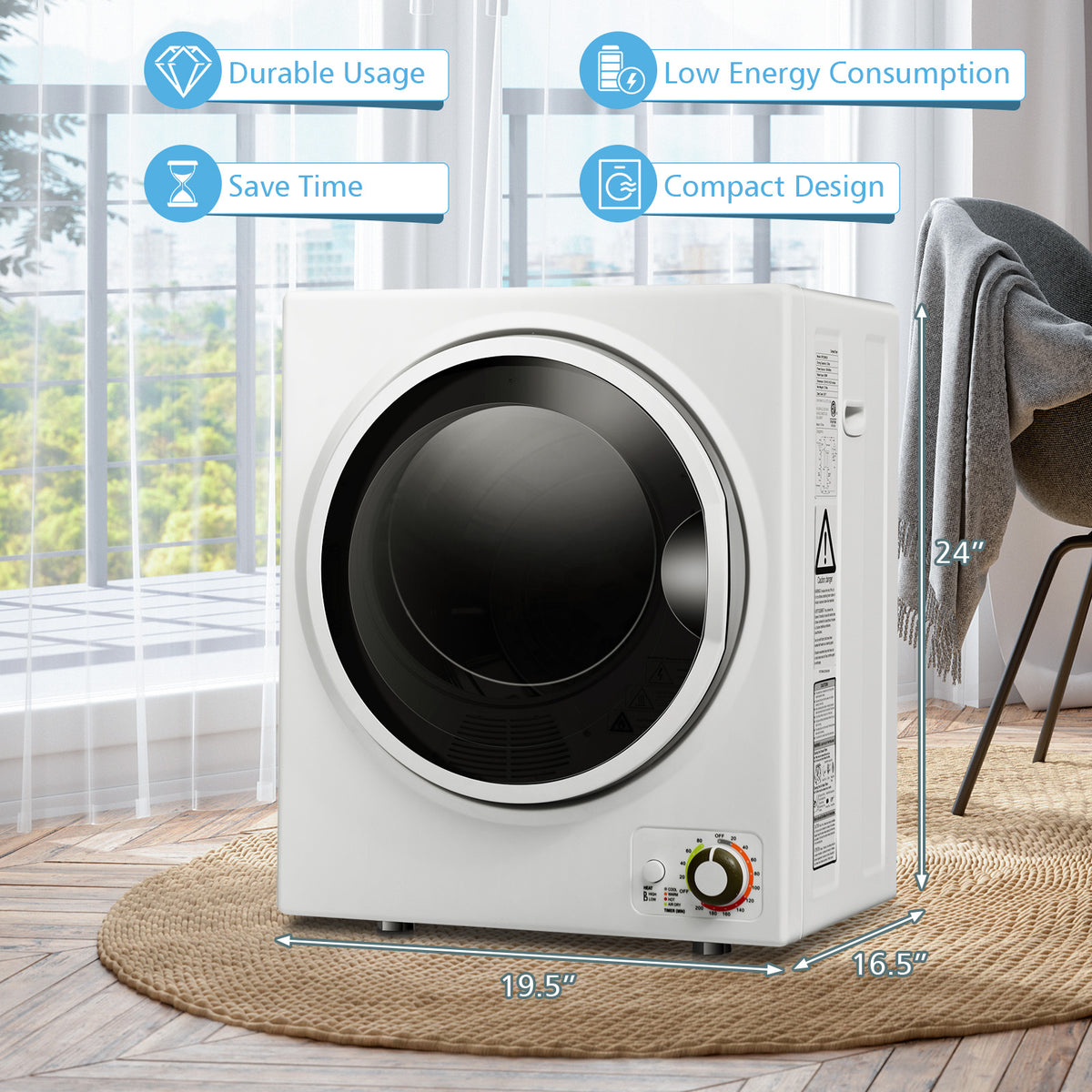 1.5 Cu .ft Clothes Dryer with with Stainless Steel Wall Mount-White-Dryers-DECOROLALA