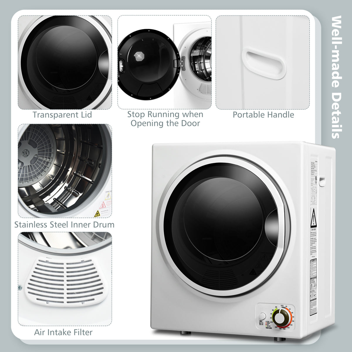 1.5 Cu .ft Clothes Dryer with with Stainless Steel Wall Mount-White-Dryers-DECOROLALA
