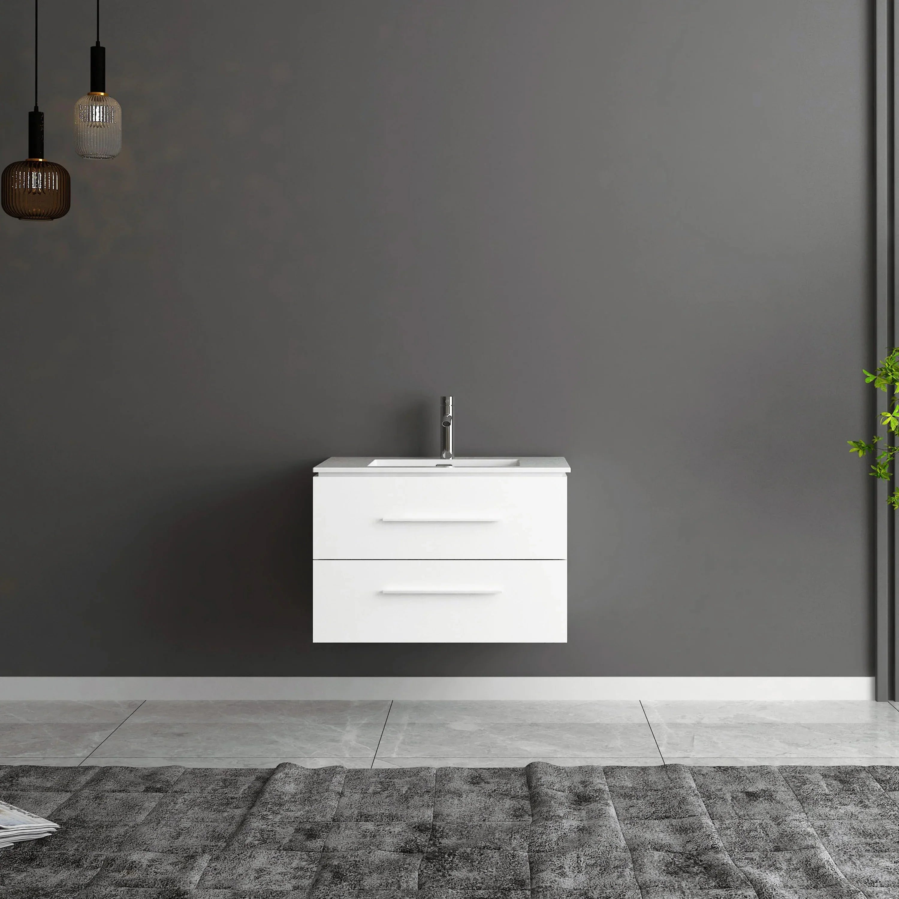 30" Matte White Wall Mount Bathroom Vanity with White Ceramic Countertop