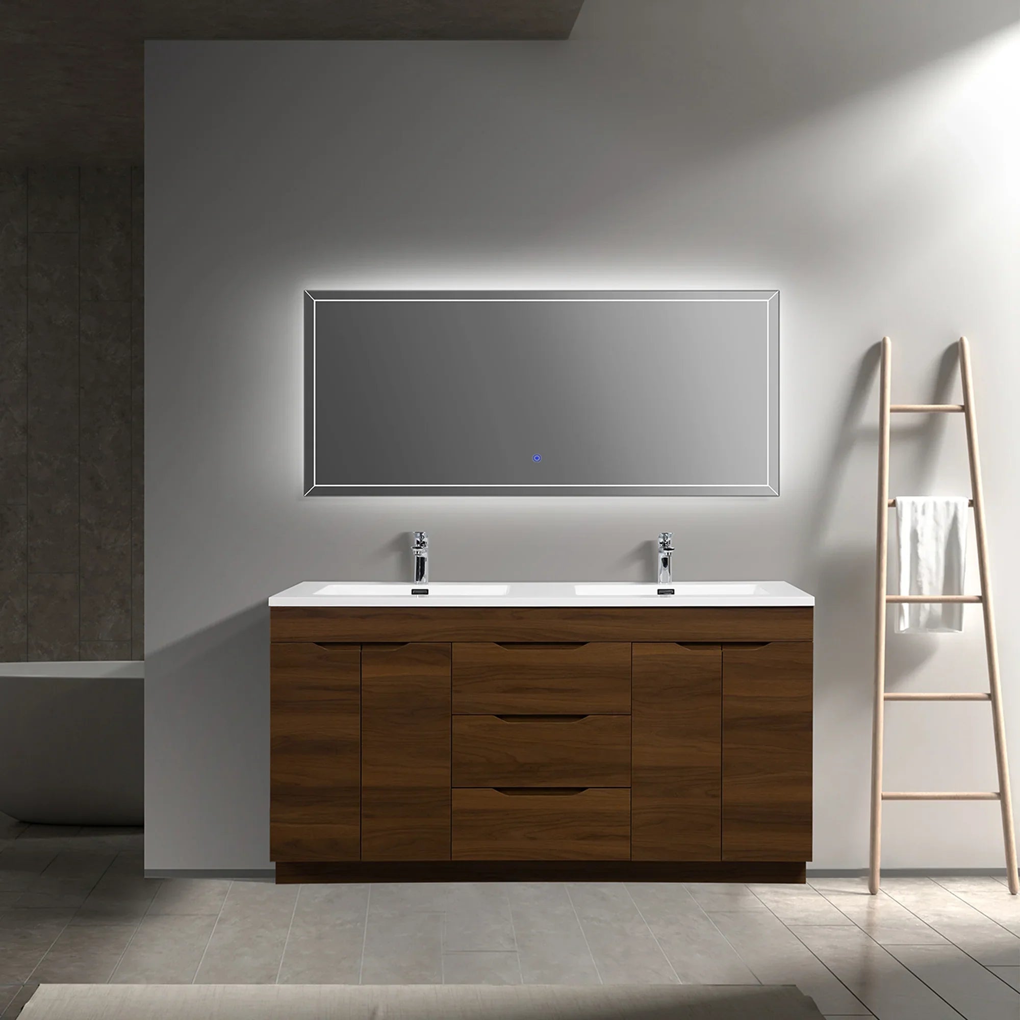 60" Walnut Freestanding Double Sink Bathroom Vanity with White Polymarble Countertop
