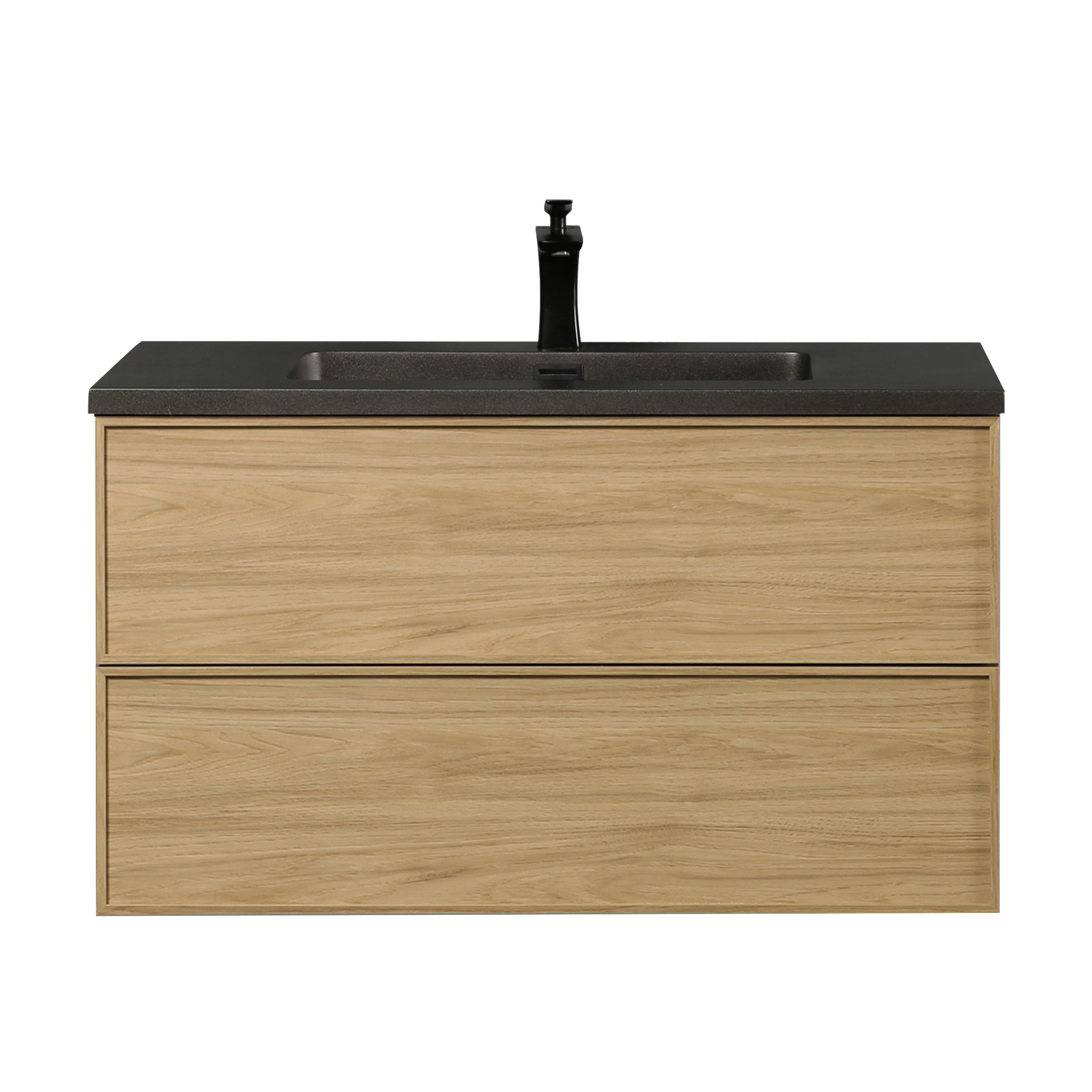 36" Sunset Walnut Wall Mount Bathroom Vanity with Black Engineered Quartz Countertop