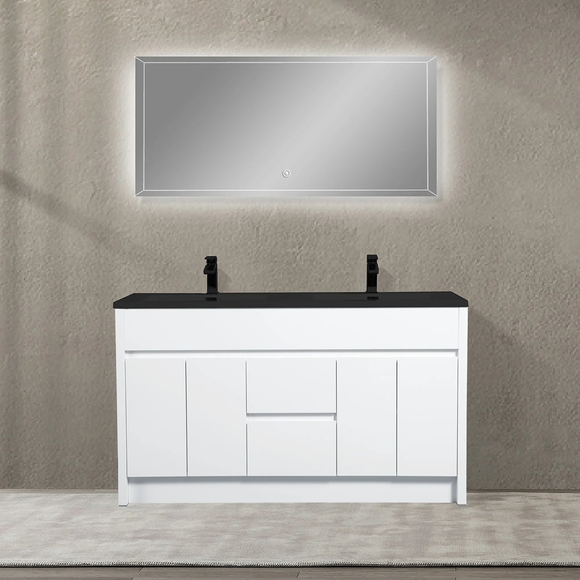 60" Matte White Freestanding Double Sink Bathroom Vanity with Black Engineered Quartz Countertop
