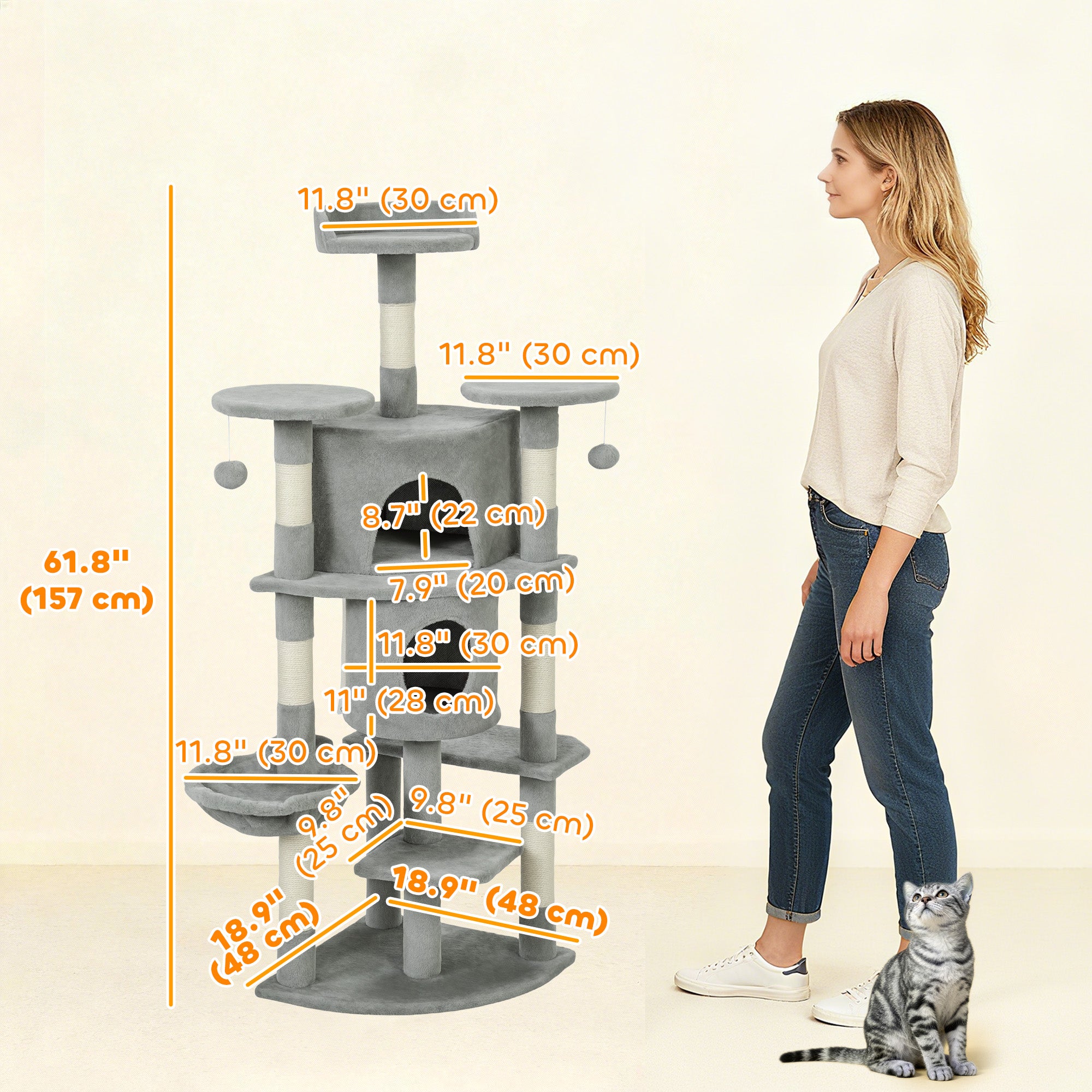 62" Cat Tree with Scratching Post, 2 Condos, Hammock, Perches, Plush, Pompoms, for Indoor Cats, Light Grey