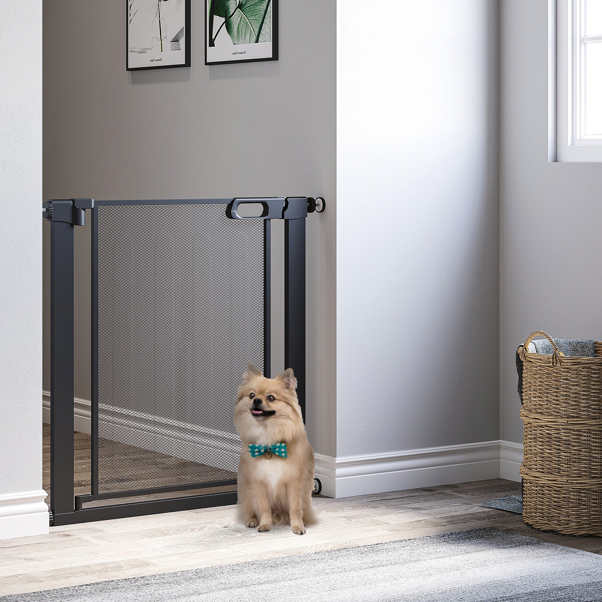 Barrière métallique pour animaux de 29.5"-32.3", avec porte à fermeture automatique, double verrouillage, barrière pour chiens pour portes, escaliers et couloirs, intérieur/extérieur, noire
