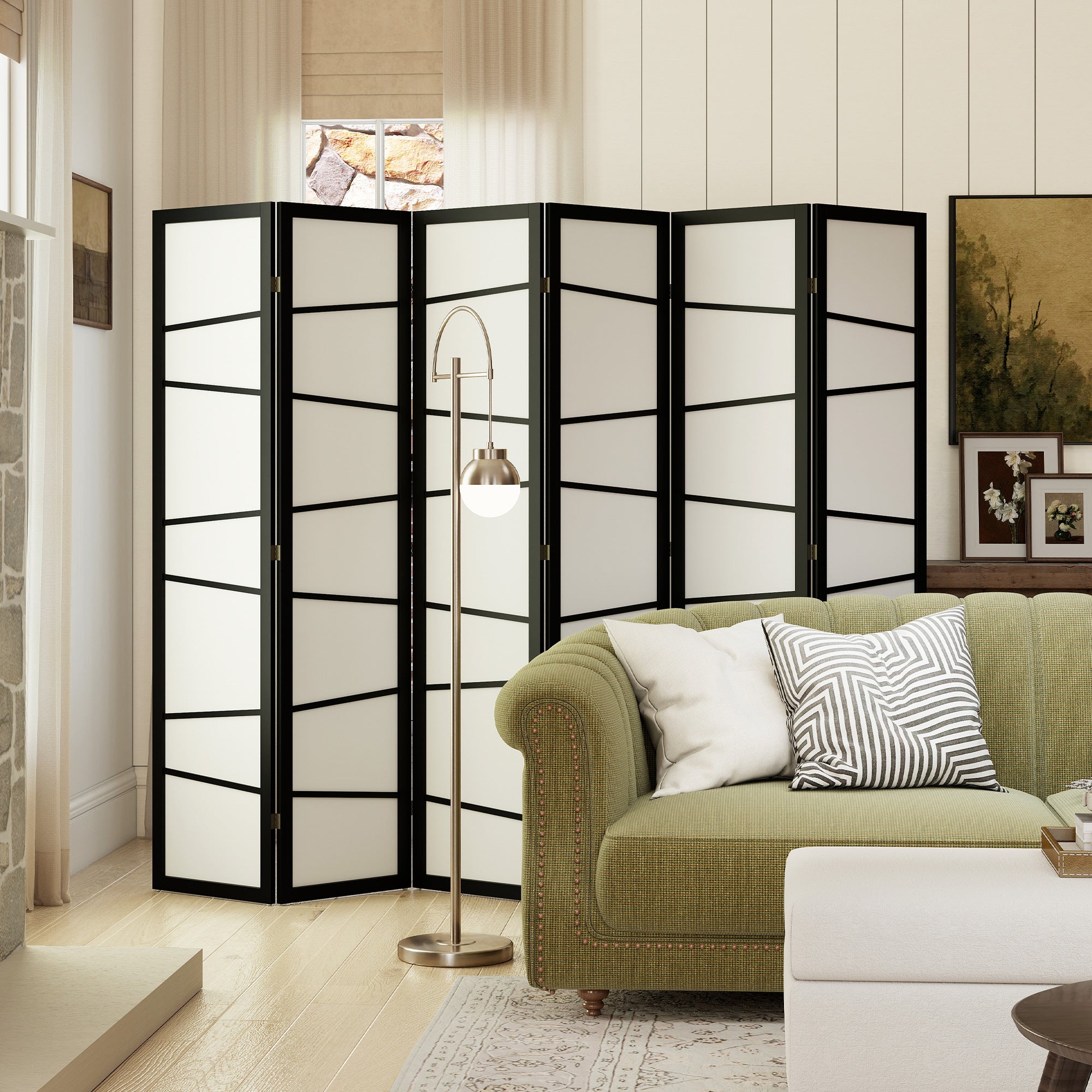 66.9" Folding Room Divider, 6 Panel Wall Partition with Wood Frame for Bedroom, Home Office, White