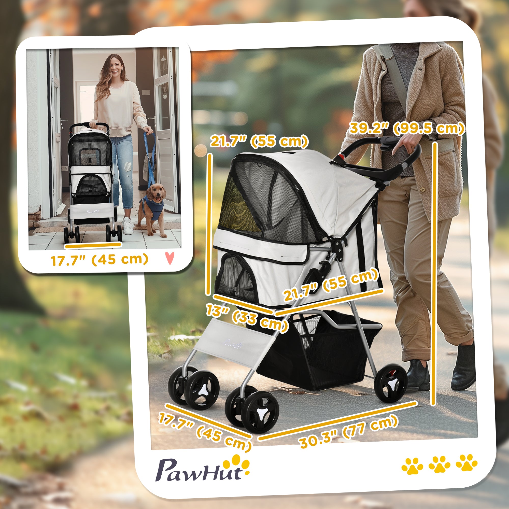 Cat Dog Stroller, One-click Foldable Pet Stroller w/Cup Holder, 4 Wheels Travel Carrier w/Brakes, 360° Swiveling Front Wheels, Storage Basket, for XS/Small Dogs Cats, Grey