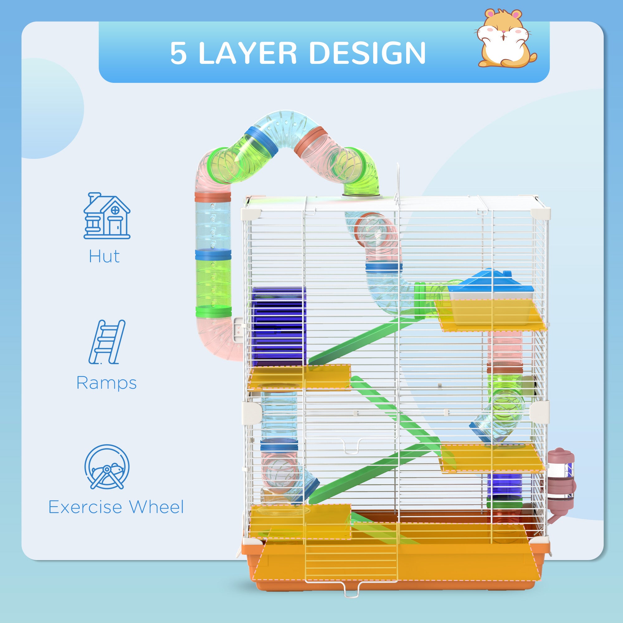 5 Tiers Hamster Cage Portable with Exercise Wheels Play Tube Water Bottle Dishes House Ladder for Gerbils, Orange