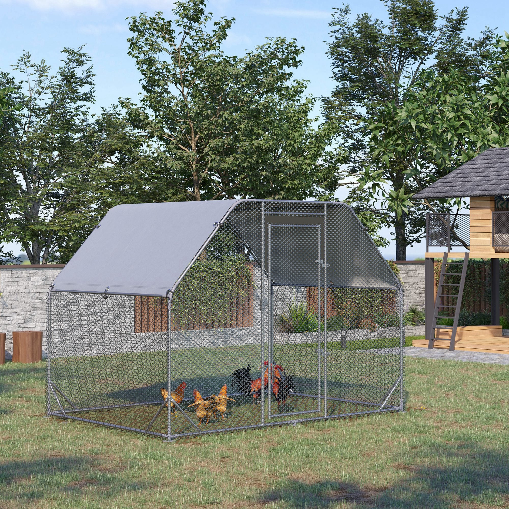 Chicken Run Outdoor, Galvanized Large Metal Chicken Coop Cage, Walk-in Enclosure Poultry Hen Run House Playpen Rabbit Hutch with Flat Roof, Cover, 9.2'x6.2'x6.5', Silver