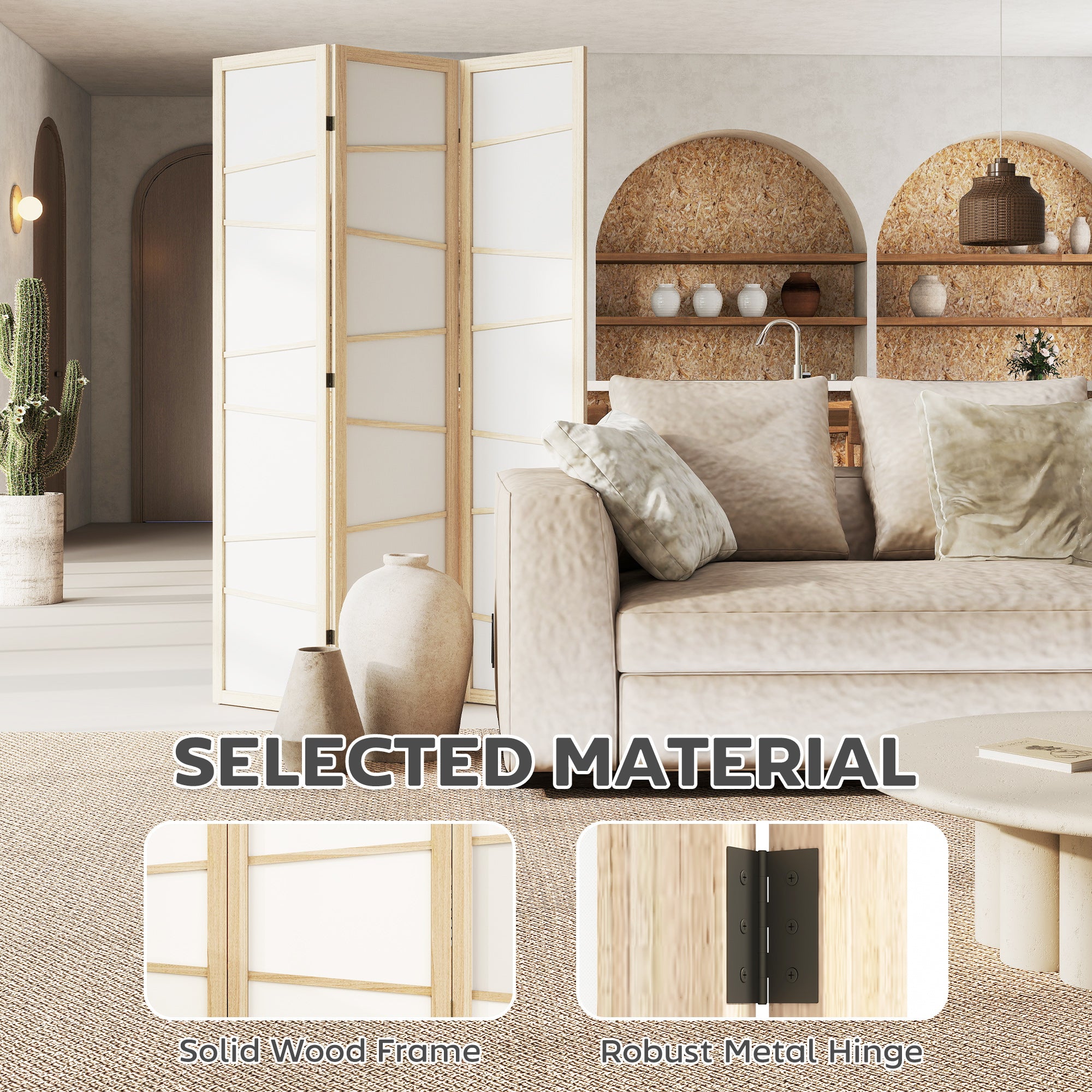 66.9" Folding Room Divider, 3 Panel Wall Partition with Wood Frame for Bedroom, Home Office, Natural Wood
