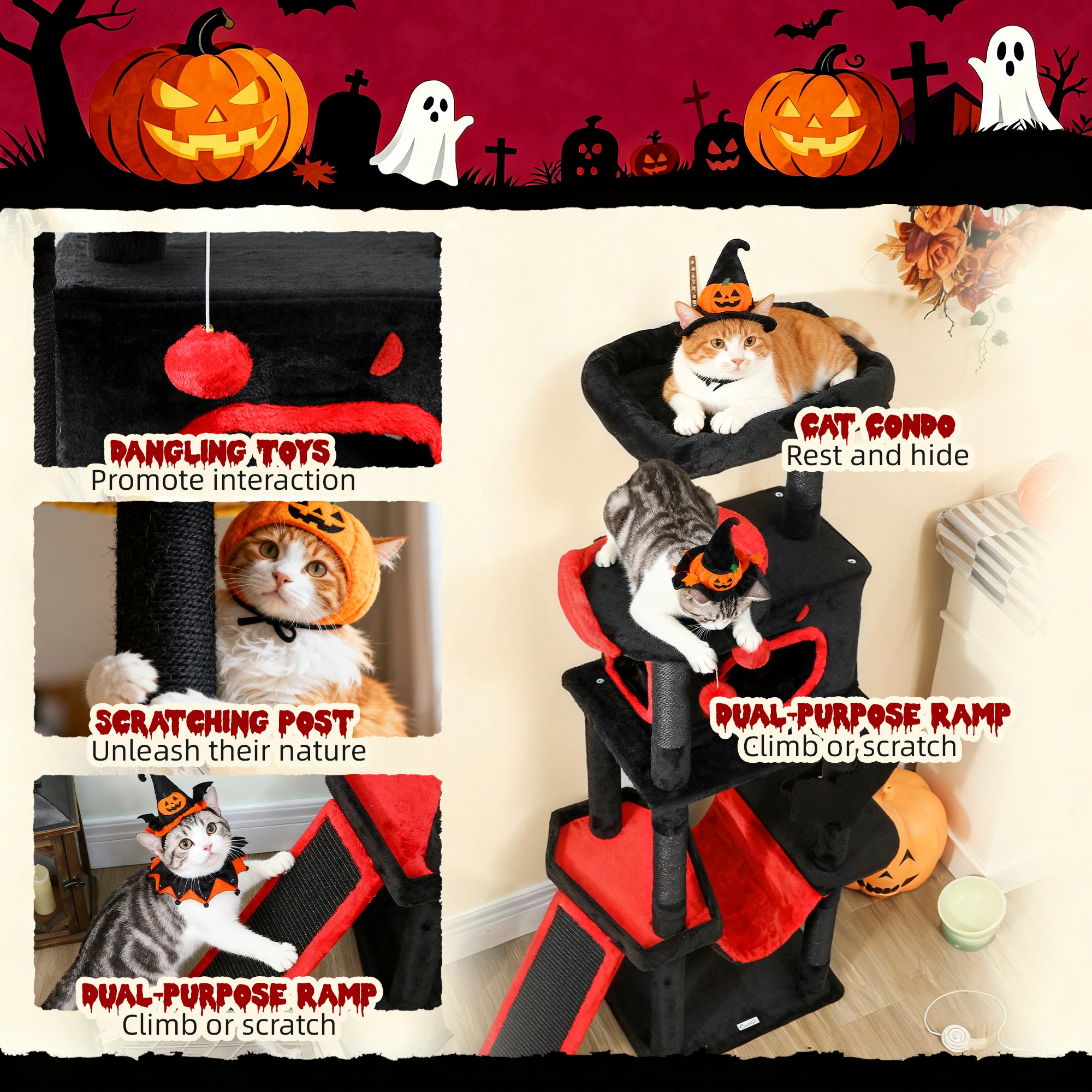 Gothic Cat Tree, 60" Tall Cat Tower with Coffin Bed,  Sisal Scratching Posts & Ramp, Condo, Hammock, Perches, Black