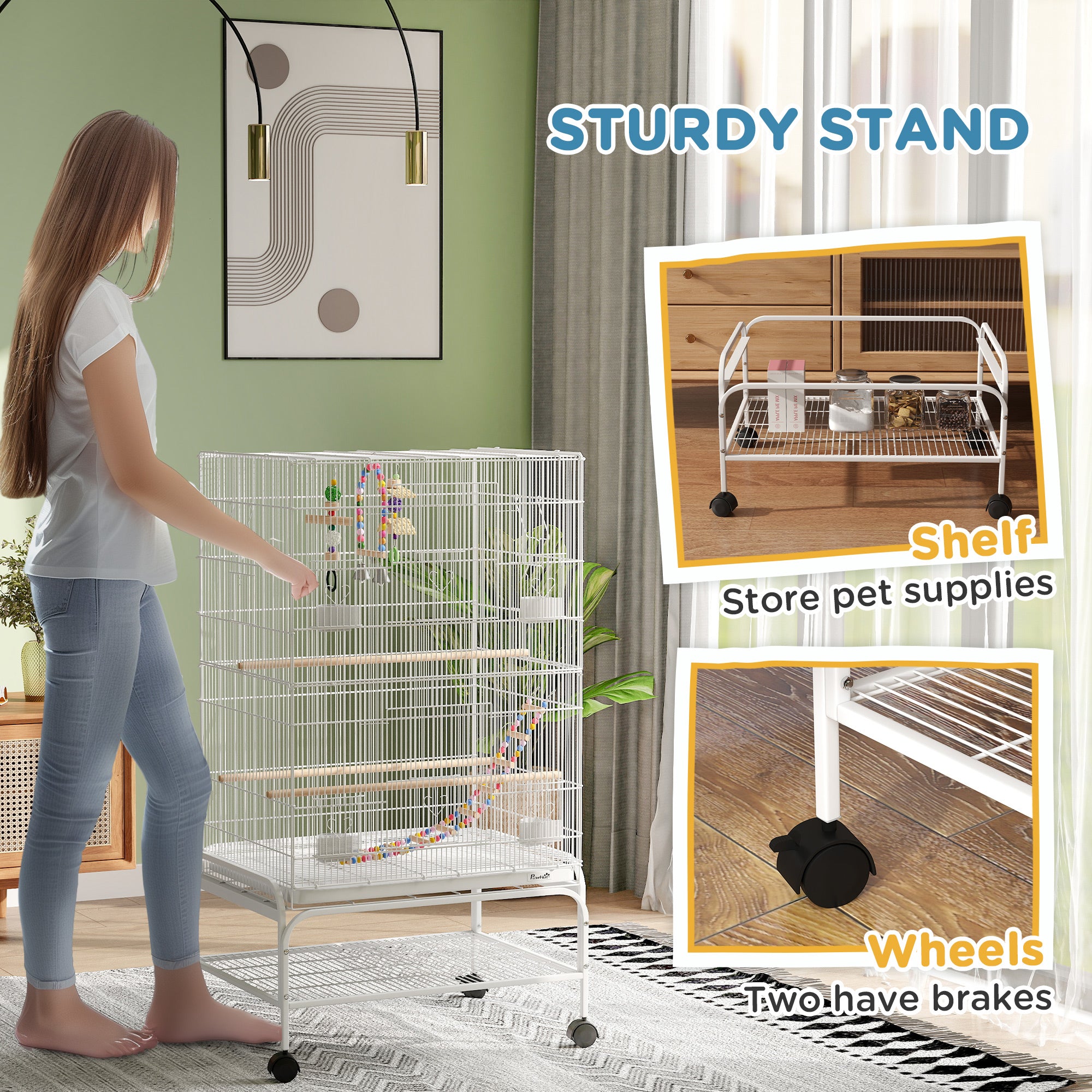Cage à oiseaux de 43" avec support à roulettes, jouets, pour perruches et canaris, blanc