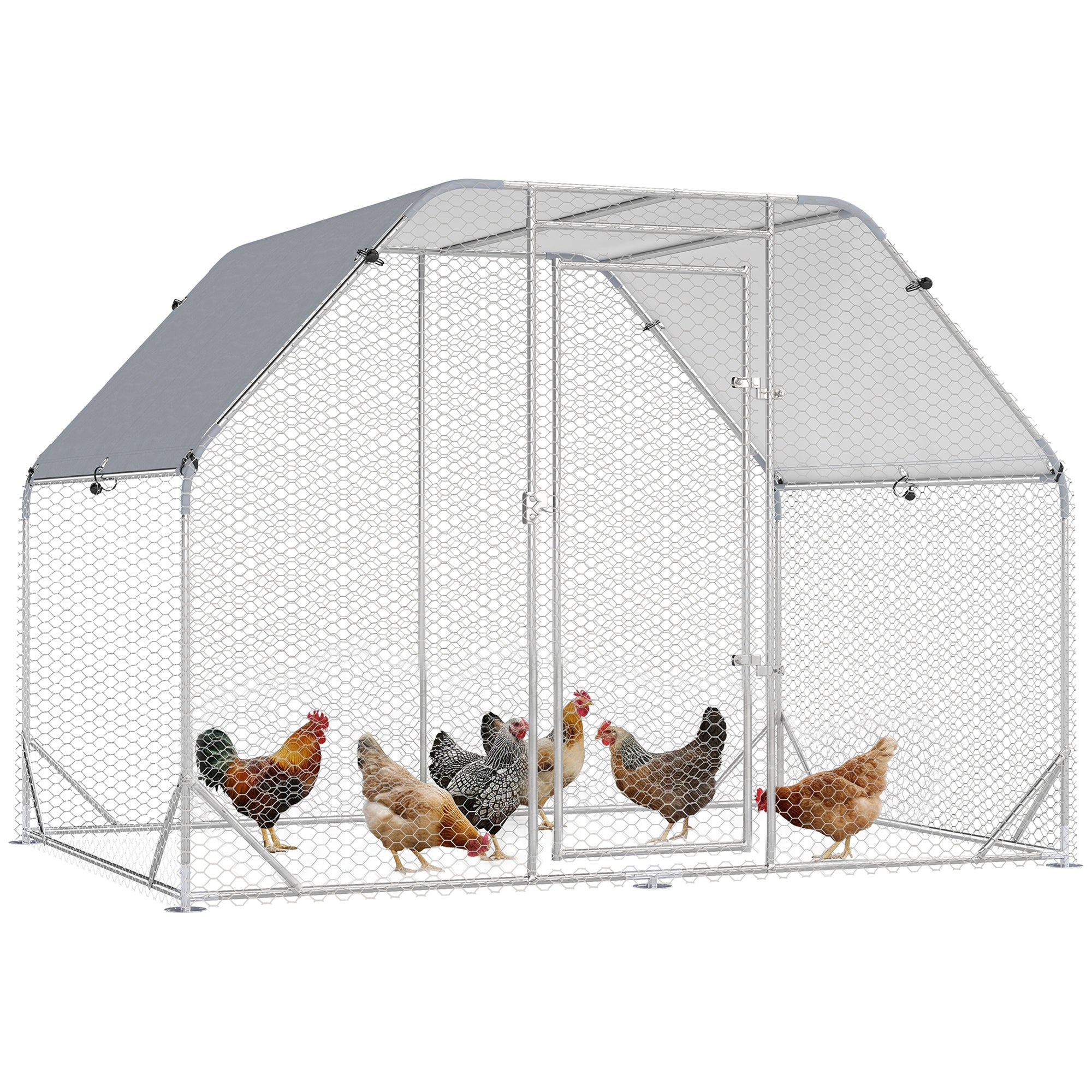 Chicken Run Outdoor, Galvanized Large Metal Chicken Coop Cage, Walk-in Enclosure Poultry Hen Run House Playpen Rabbit Hutch with Flat Roof, Cover, 9.2'x6.2'x6.5', Silver