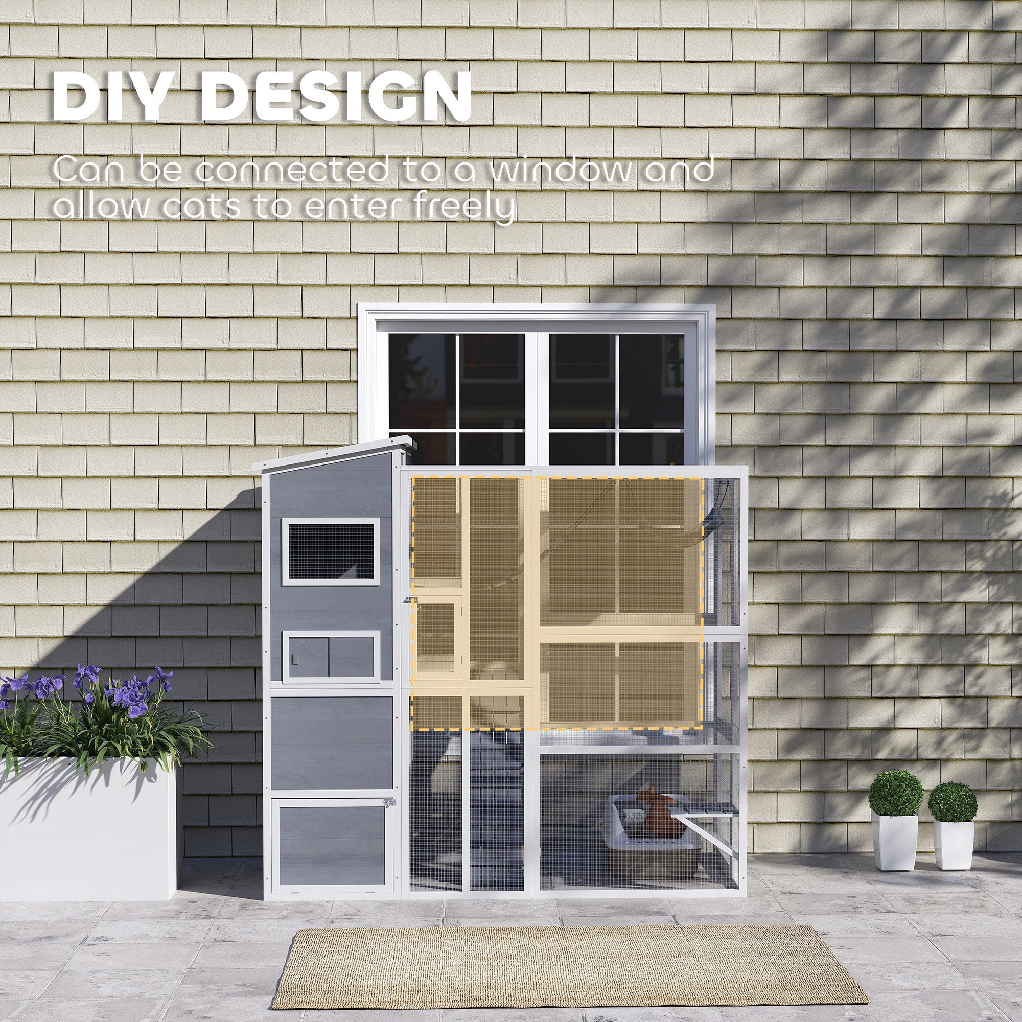 76" Catio Outdoor Cat Enclosure with Cat Condo, Jumping Platforms, Ladder, Ramps, Hammock for 2-3 Indoor Cats, Grey